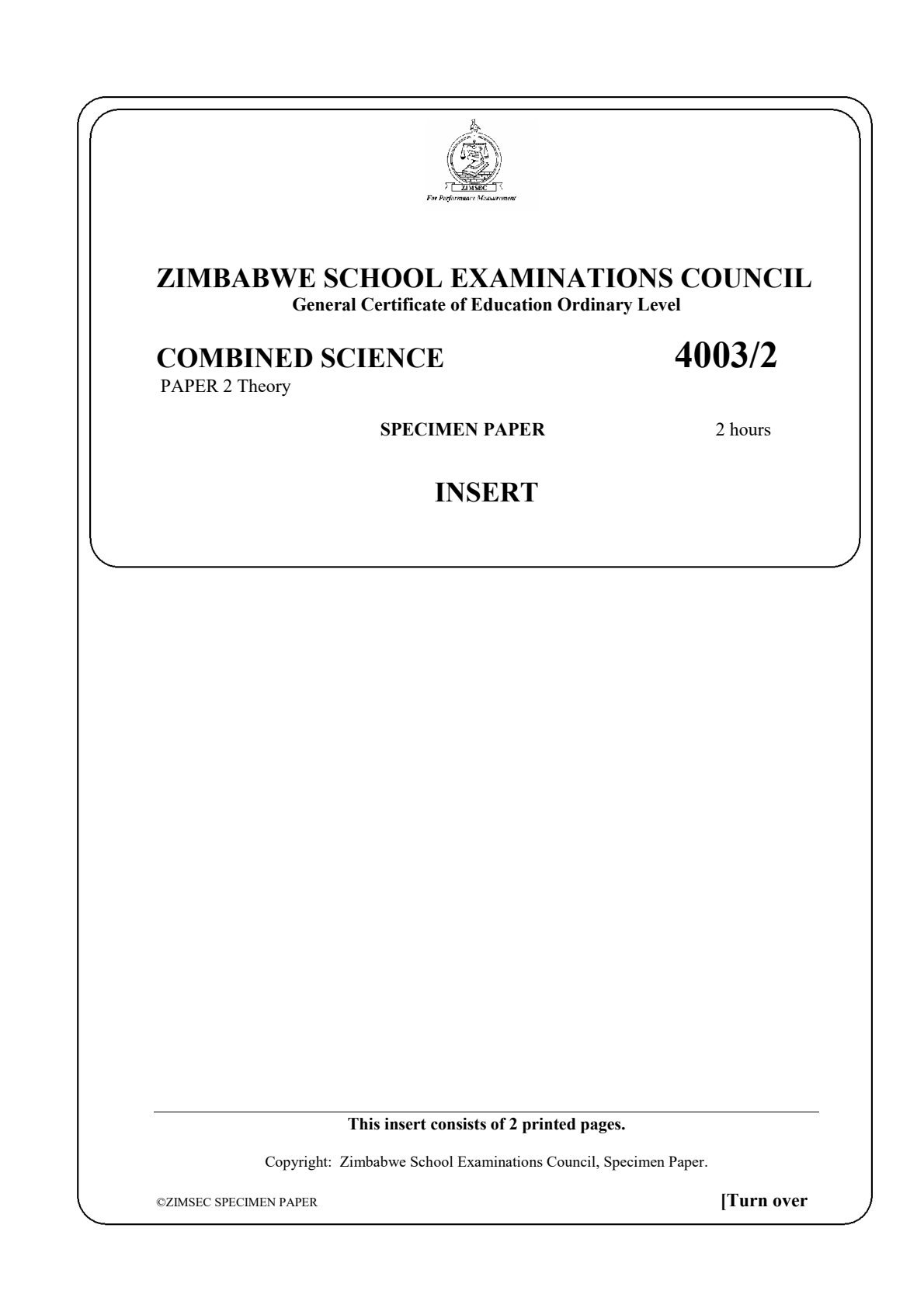 First page of ZIMSEC O-Level Combined Science Paper 2 Theory Question Paper