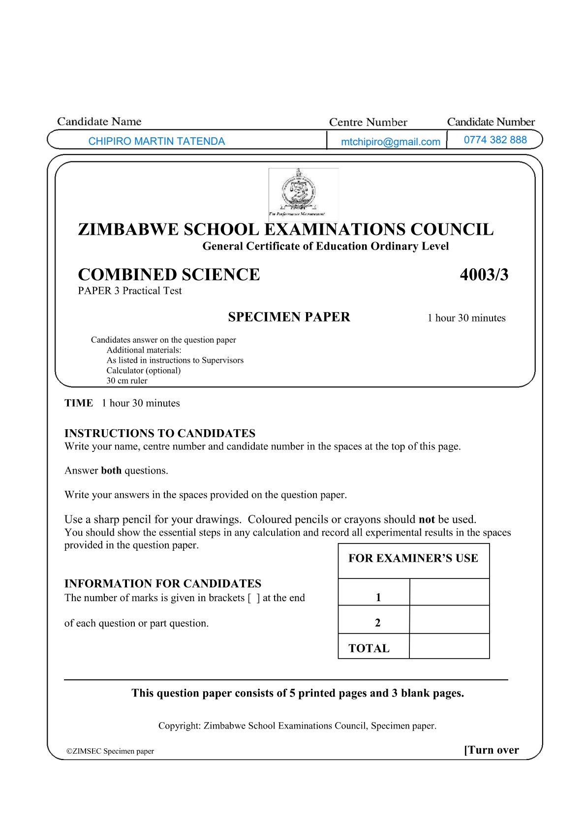 First page of ZIMSEC O-Level Combined Science Paper 3 2018 Question Paper