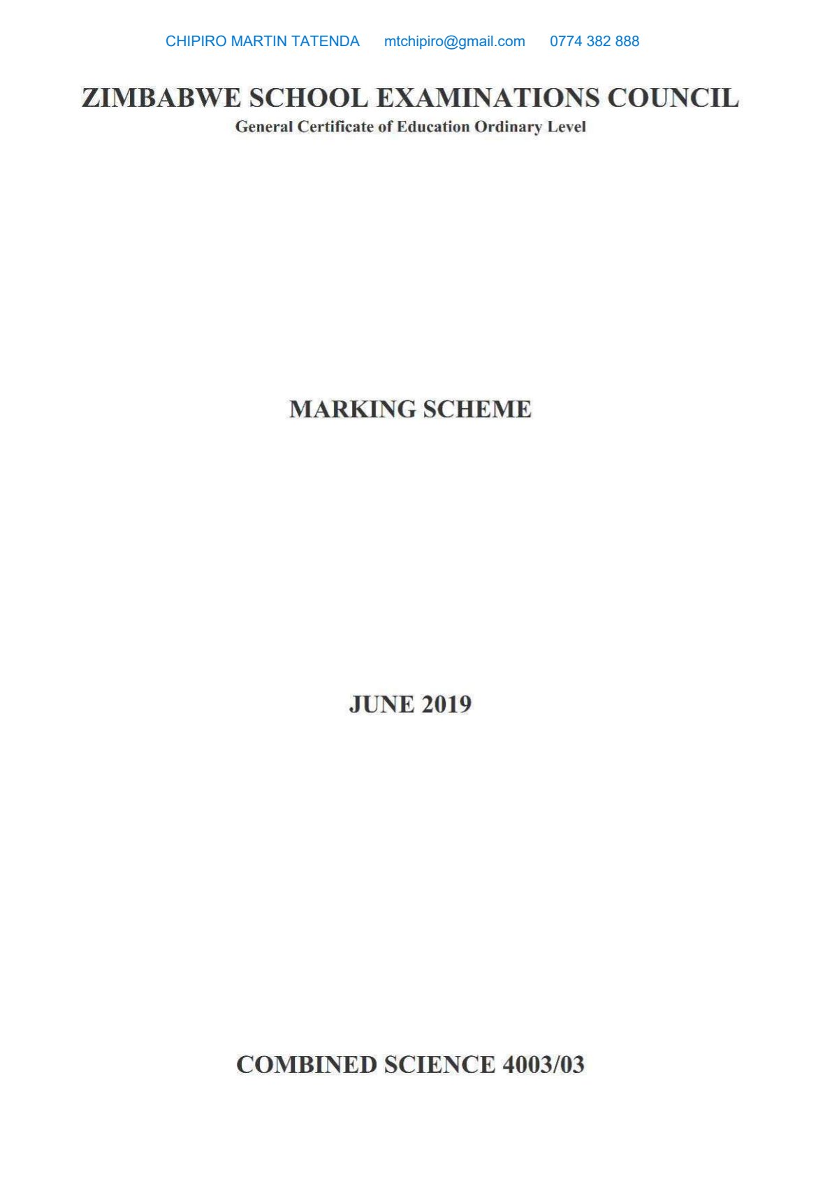 First page of ZIMSEC O-Level Combined Science Paper 3 June 2019 Marking Scheme
