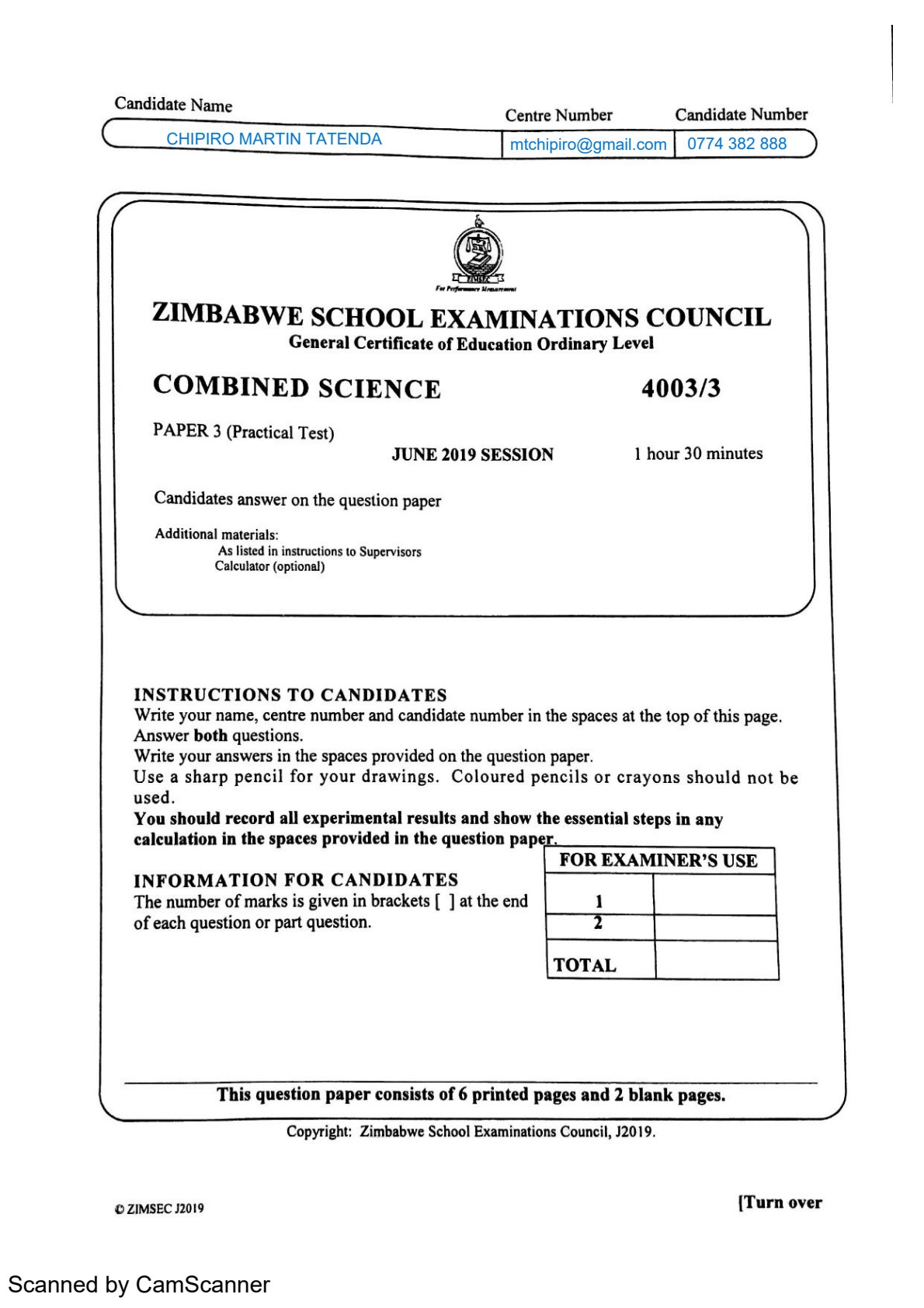 First page of ZIMSEC O-Level Combined Science Paper 3 June 2019 Question Paper