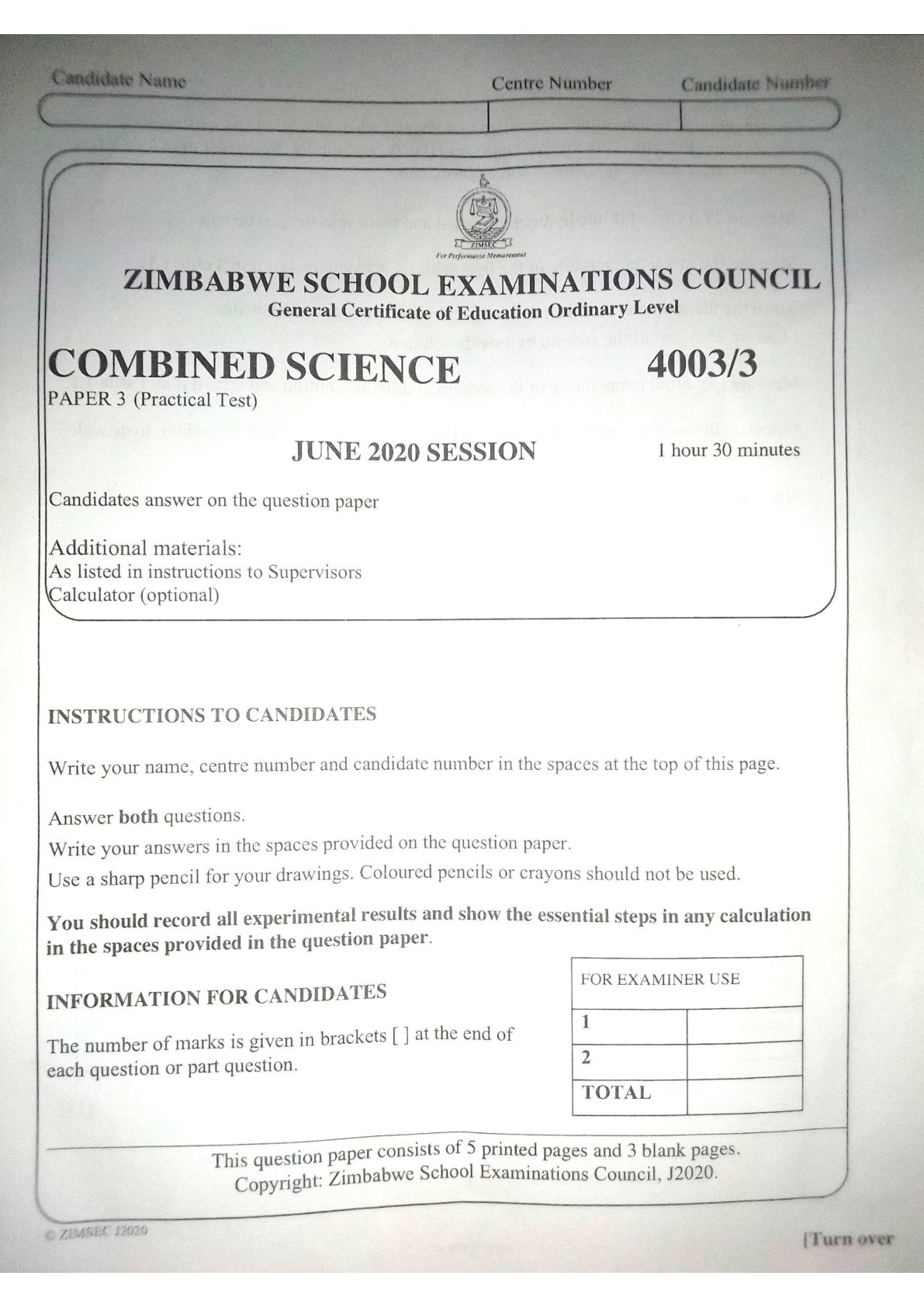 First page of ZIMSEC O-Level Combined Science Paper 3 June 2020 Question Paper