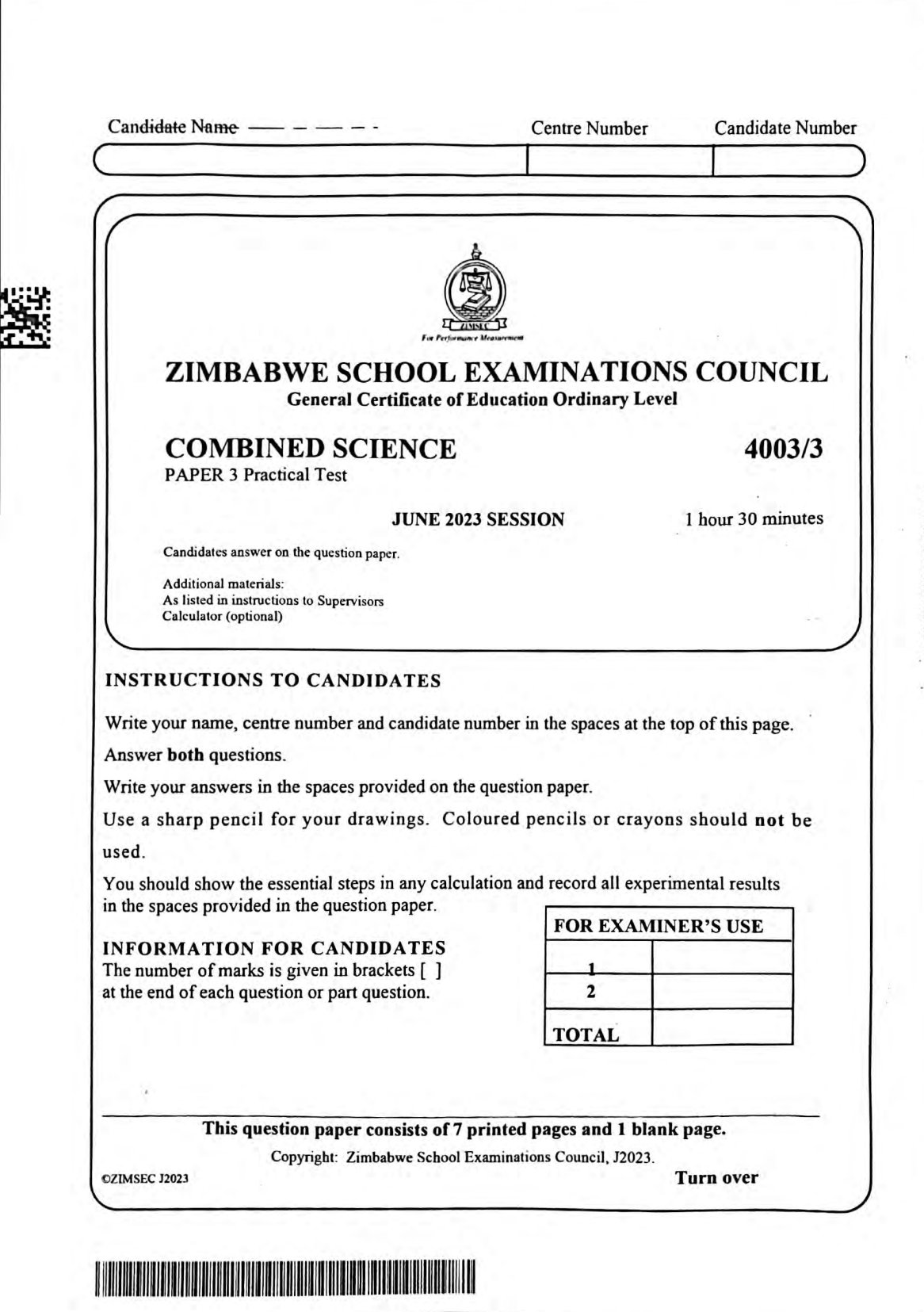 First page of ZIMSEC O-Level Combined Science Paper 3 June 2023 Question Paper