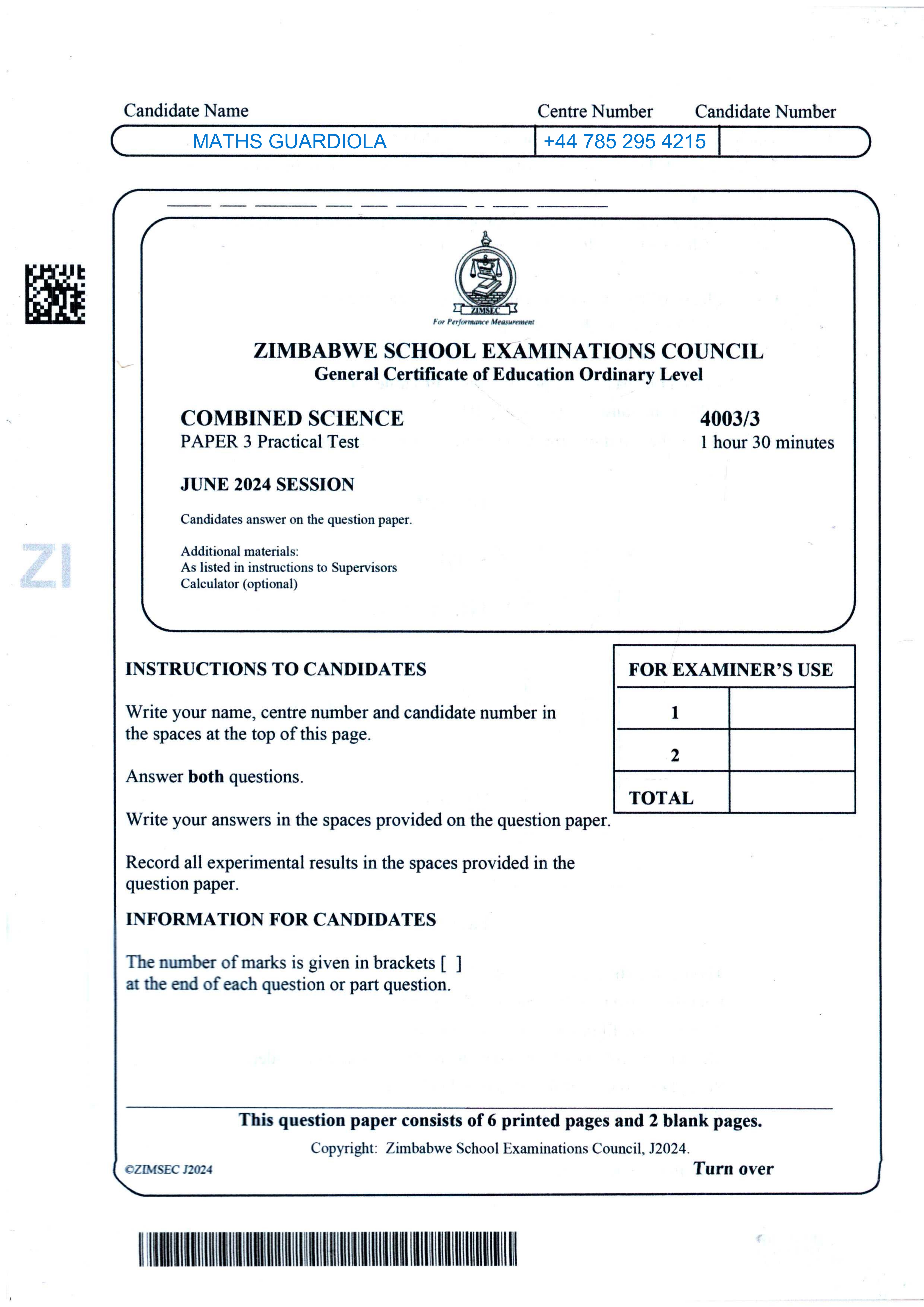 First page of ZIMSEC O-Level Combined Science Paper 3 June 2024 Question Paper