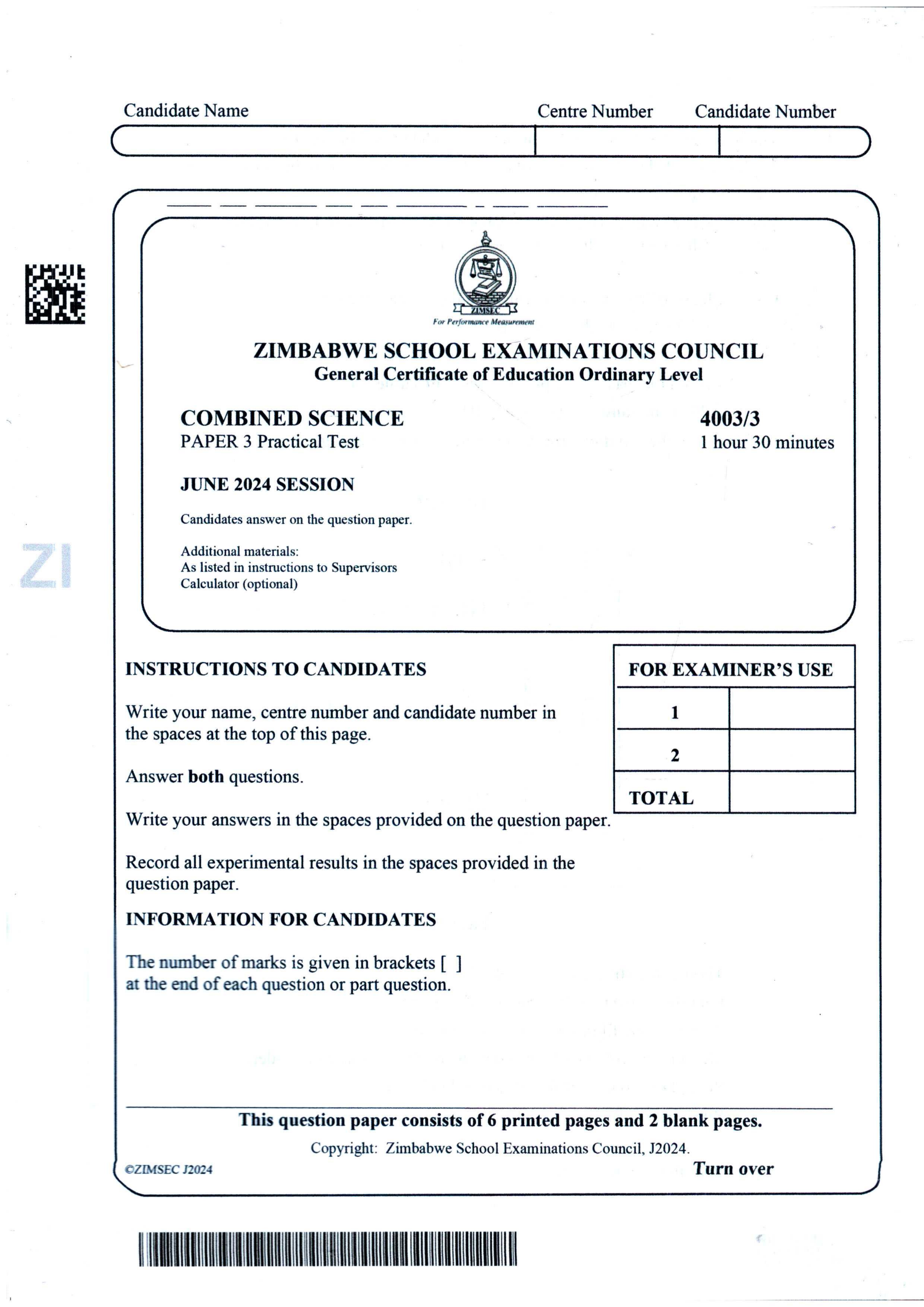 First page of ZIMSEC O-Level Combined Science Paper 3 June 2024 Question Paper