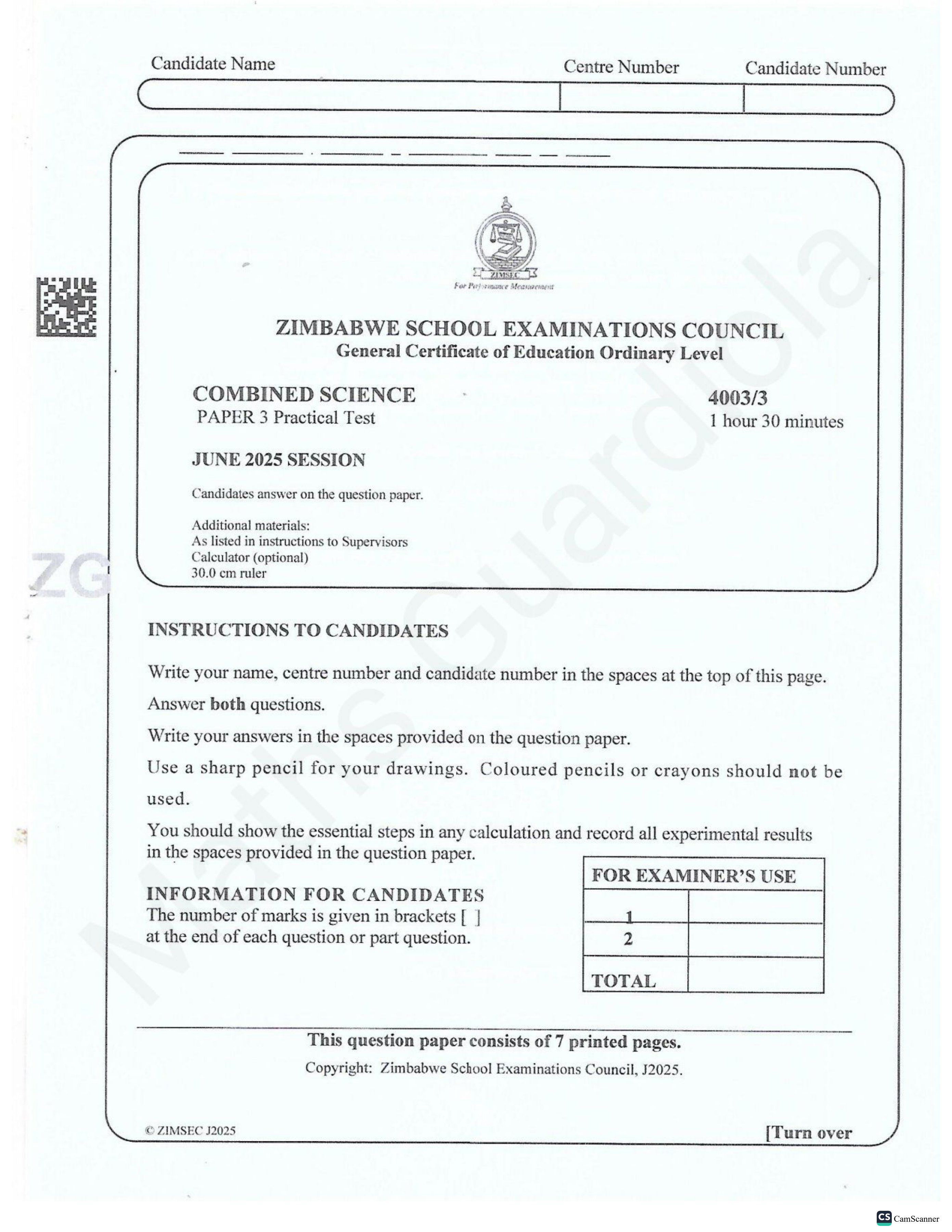 First page of ZIMSEC O-Level Combined Science Paper 3 June 2025 Question Paper