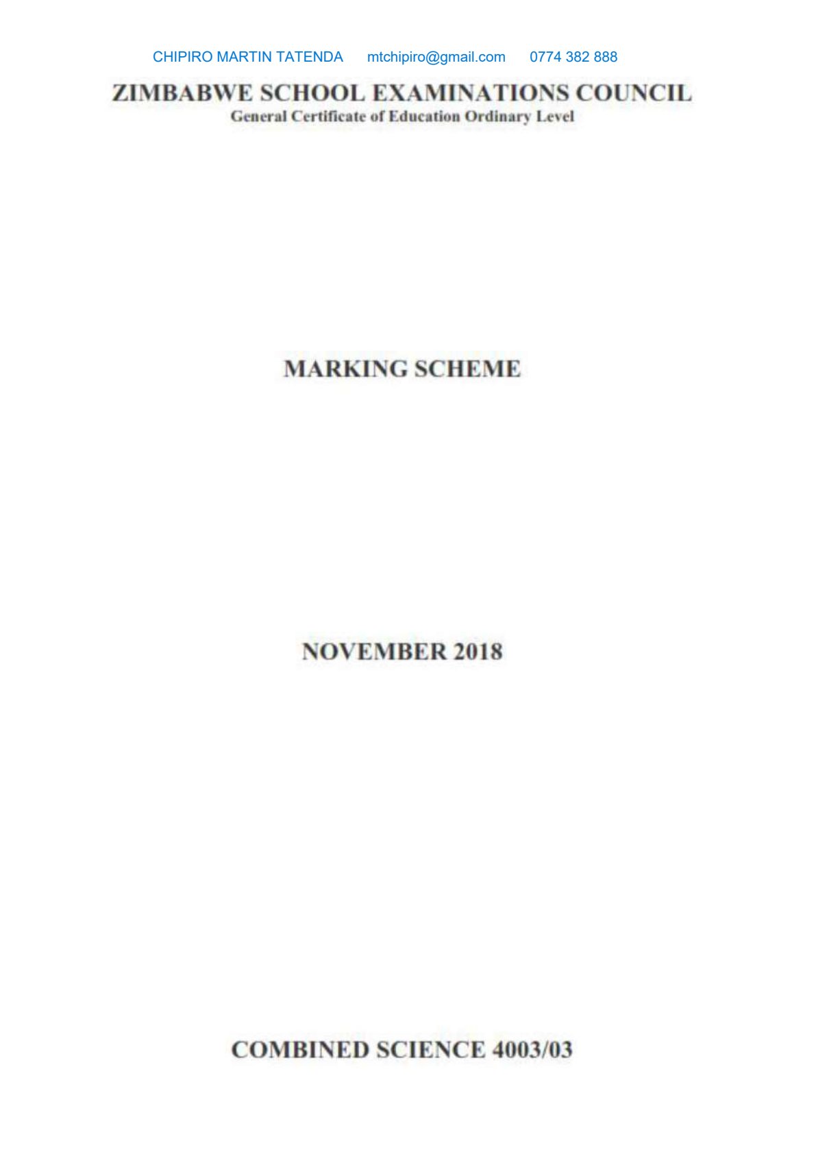 First page of ZIMSEC O-Level Combined Science Paper 3 November 2018 Marking Scheme