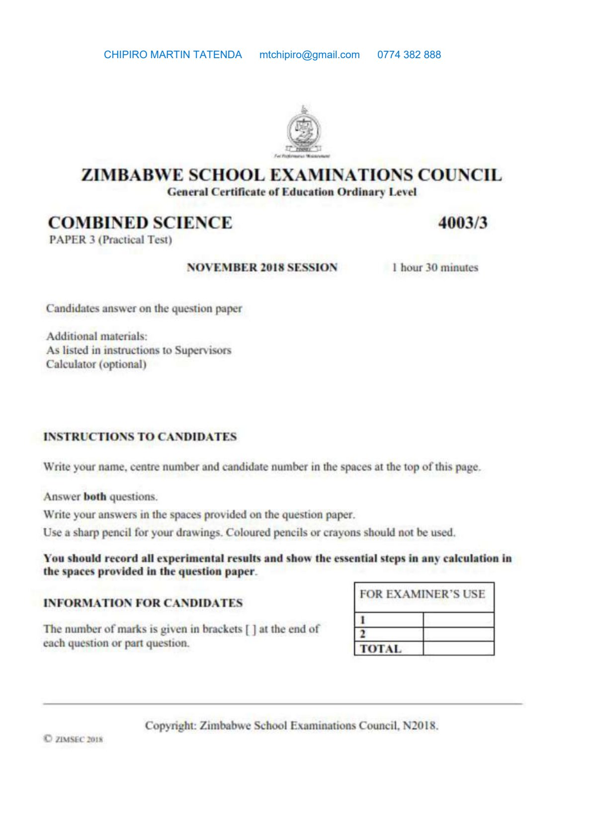 First page of ZIMSEC O-Level Combined Science Paper 3 November 2018 Question Paper