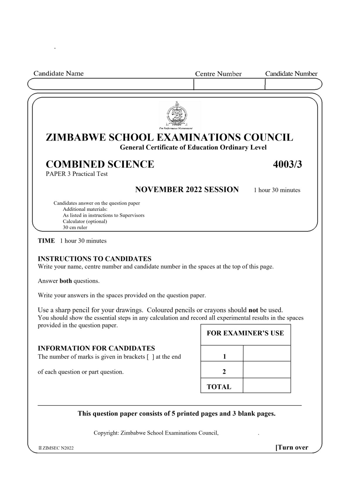 First page of ZIMSEC O-Level Combined Science Paper 3 November 2022 Question Paper