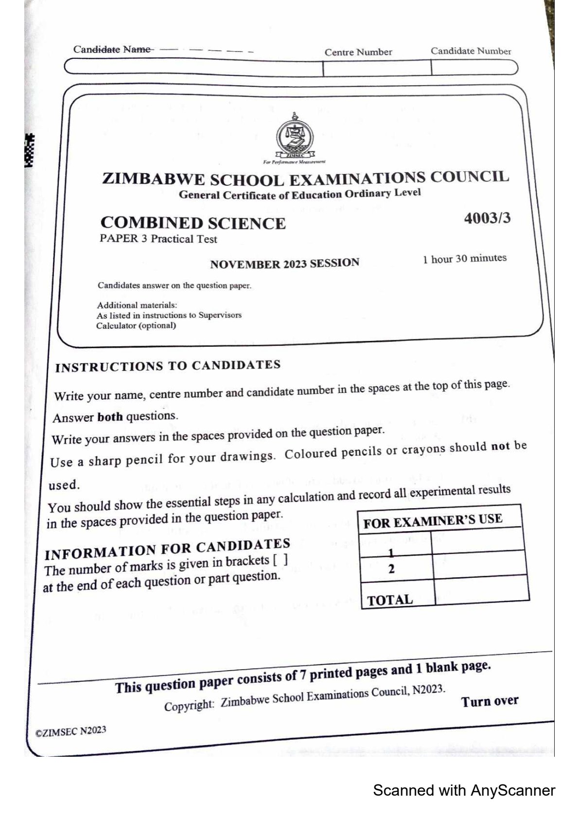 First page of ZIMSEC O-Level Combined Science Paper 3 November 2023 Question Paper