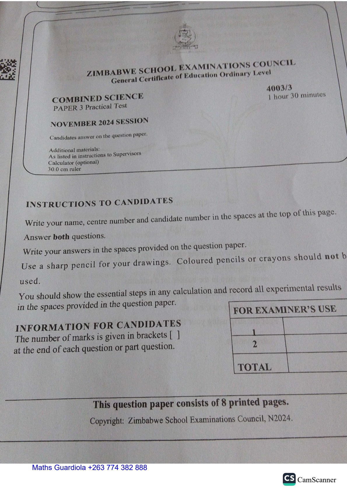 First page of ZIMSEC O-Level Combined Science Paper 3 November 2024 Question Paper