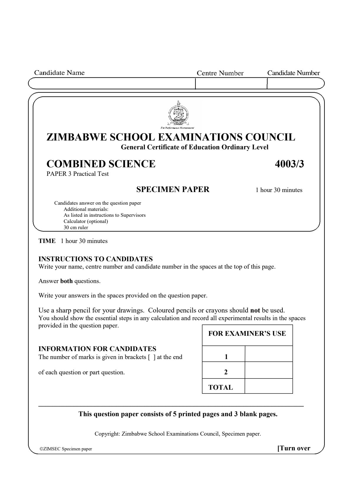 First page of ZIMSEC O-Level Combined Science Paper 3 Question Paper