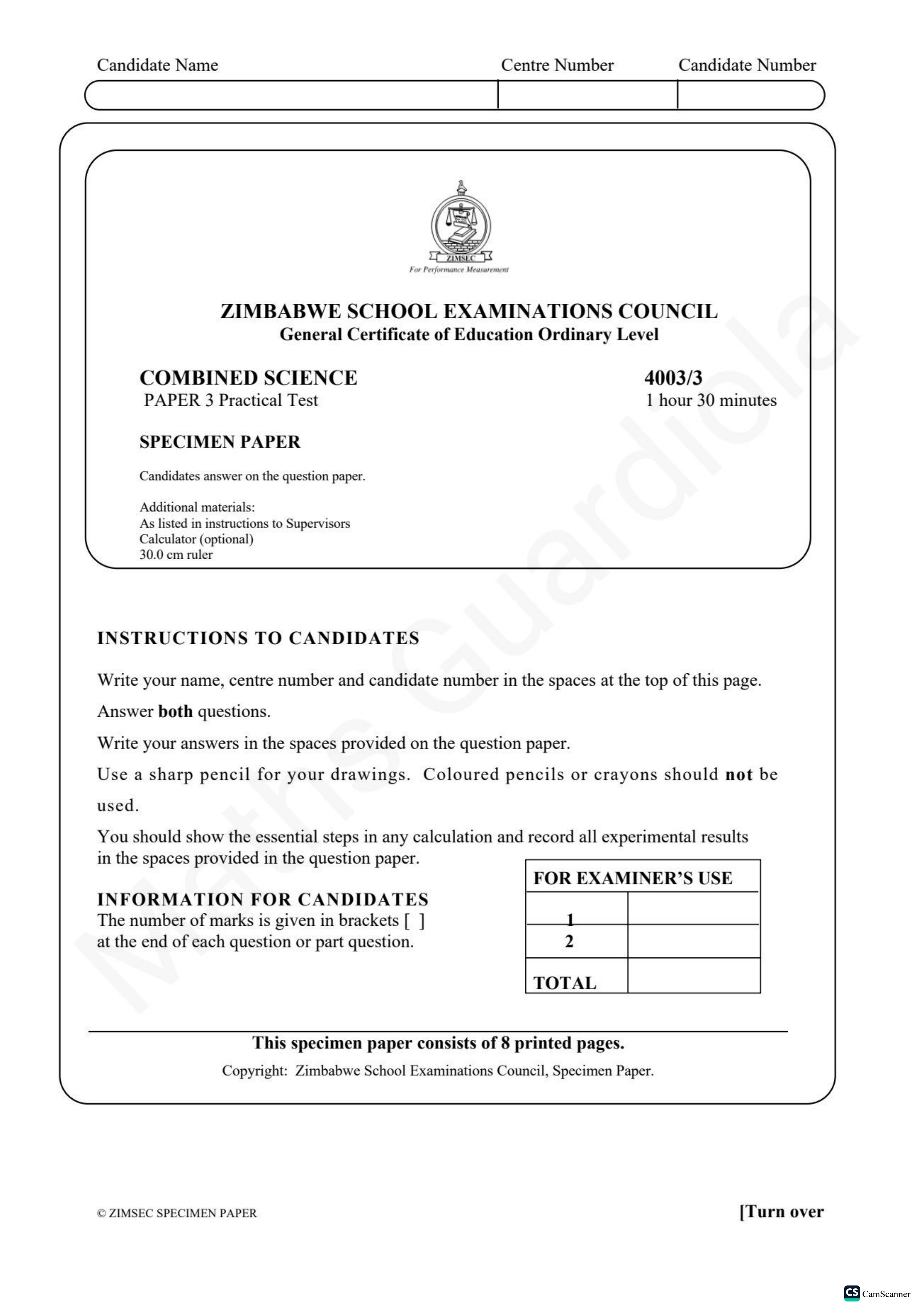 First page of ZIMSEC O-Level Combined Science Paper 3 Question Paper