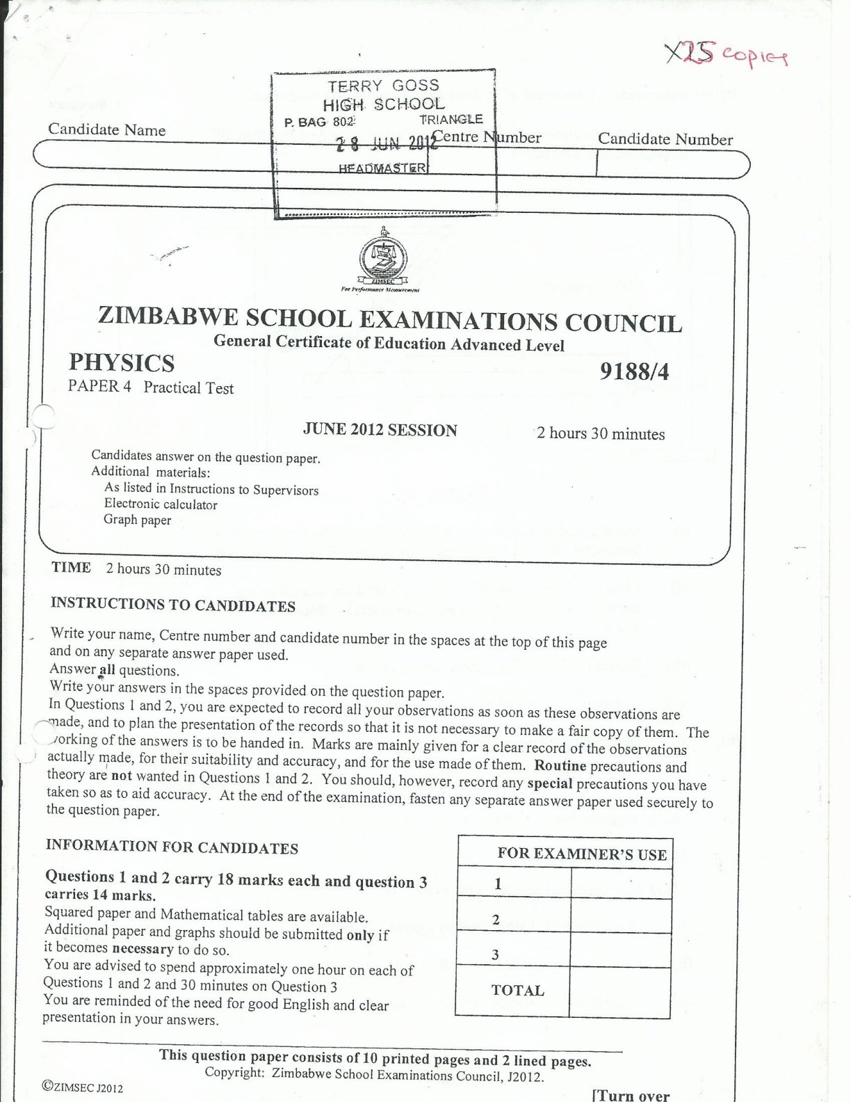 First page of ZIMSEC O-Level Combined Science Paper 4 June 2012 Question Paper