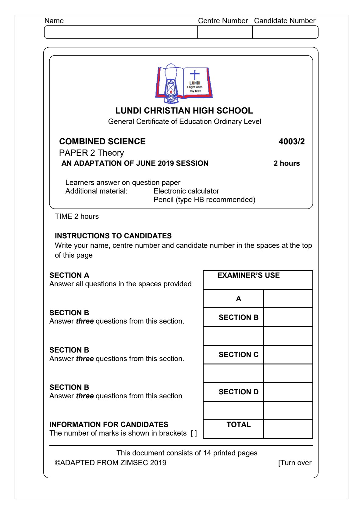 First page of ZIMSEC O-Level Combined Science Question Paper