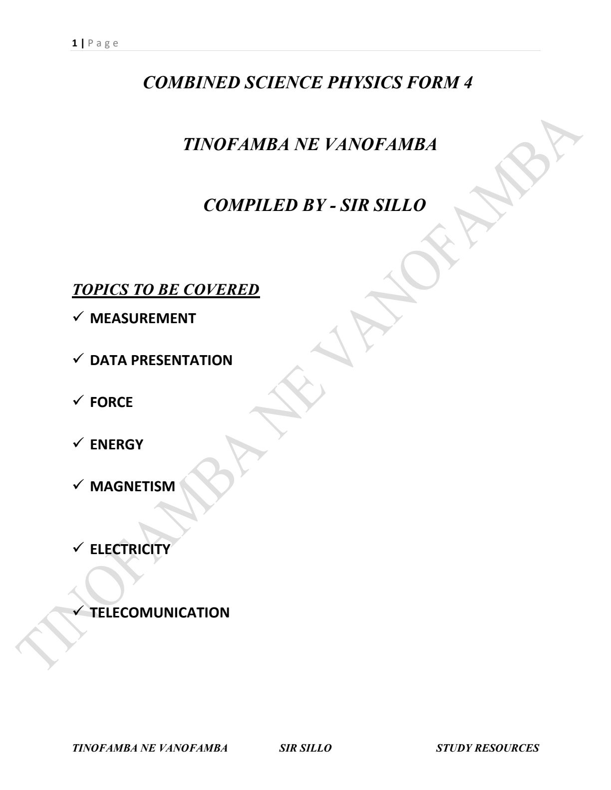 First page of ZIMSEC O-Level Combined Science Study Guide