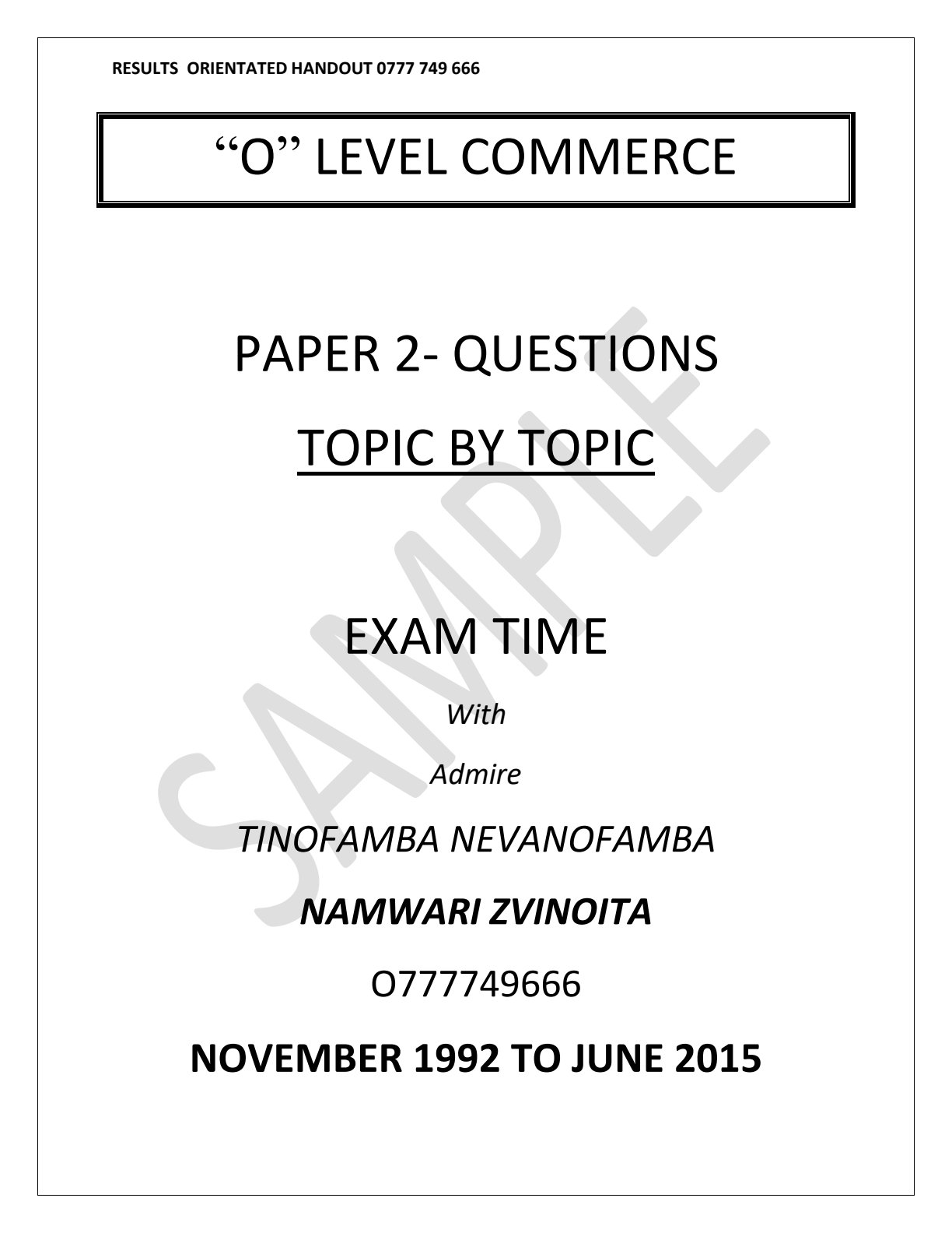 First page of ZIMSEC O-Level Commerce 1992-2015 Study Guide