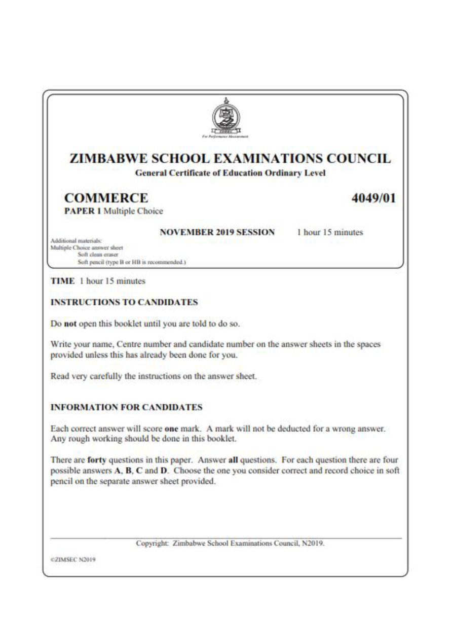 First page of ZIMSEC O-Level Commerce 2019 Study Guide
