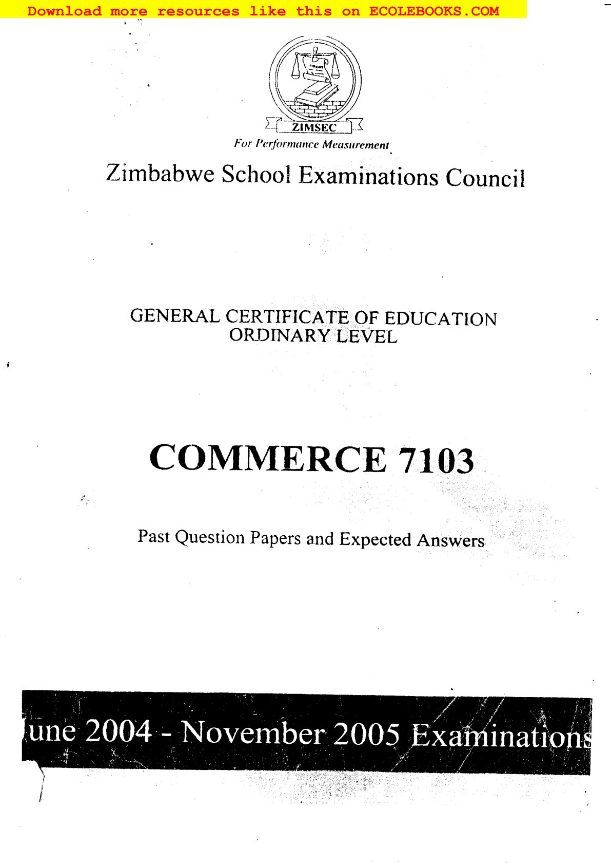 First page of ZIMSEC O-Level Commerce Green Book 2004-2005 Study Guide