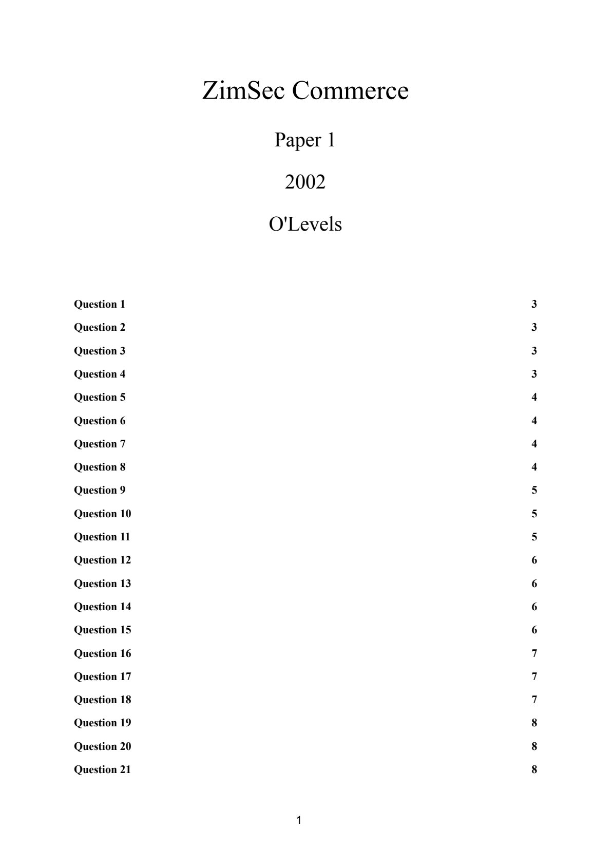 First page of ZIMSEC O-Level Commerce Paper 1 2002 Question Paper