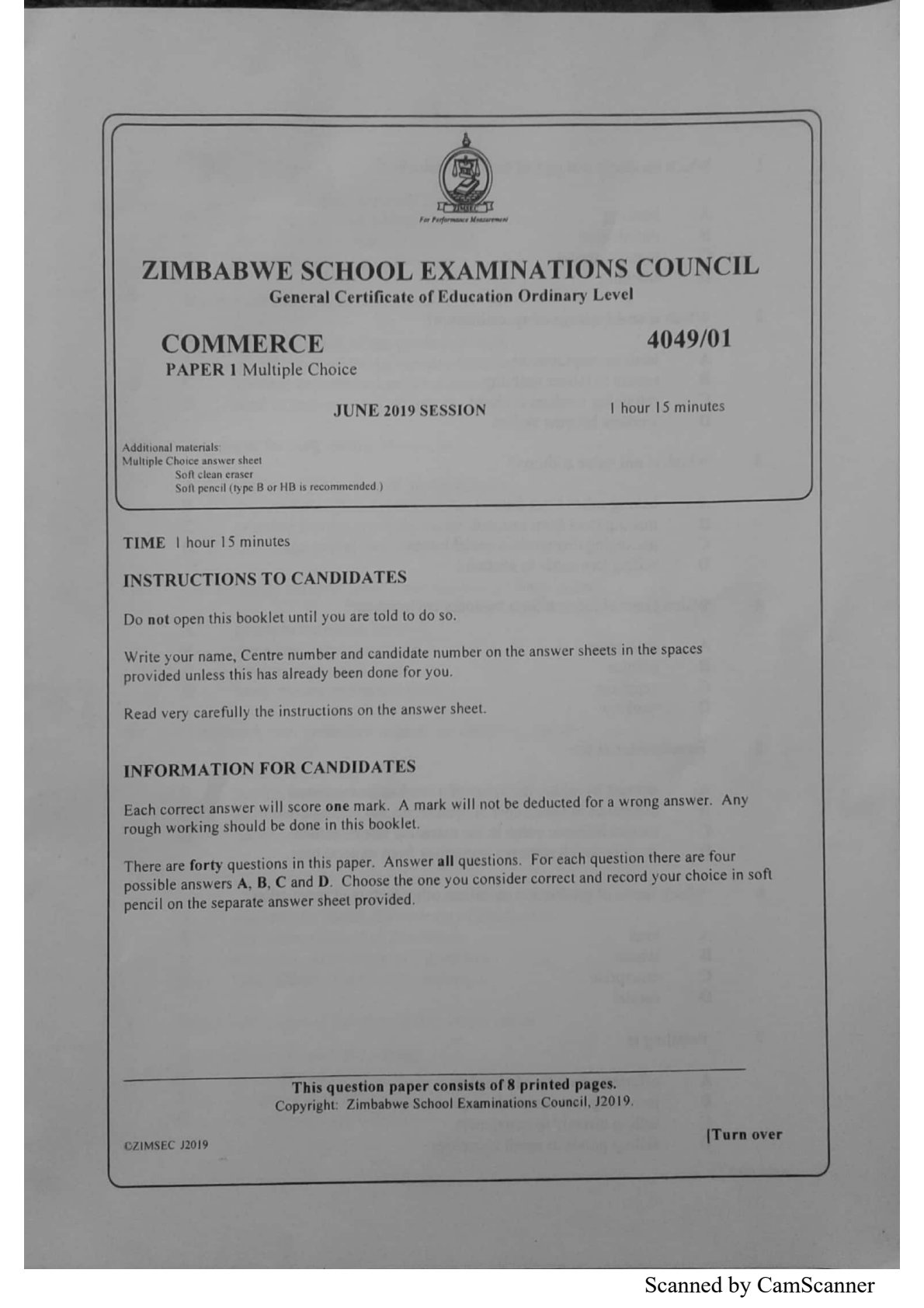 First page of ZIMSEC O-Level Commerce Paper 1 June 2019 Question Paper