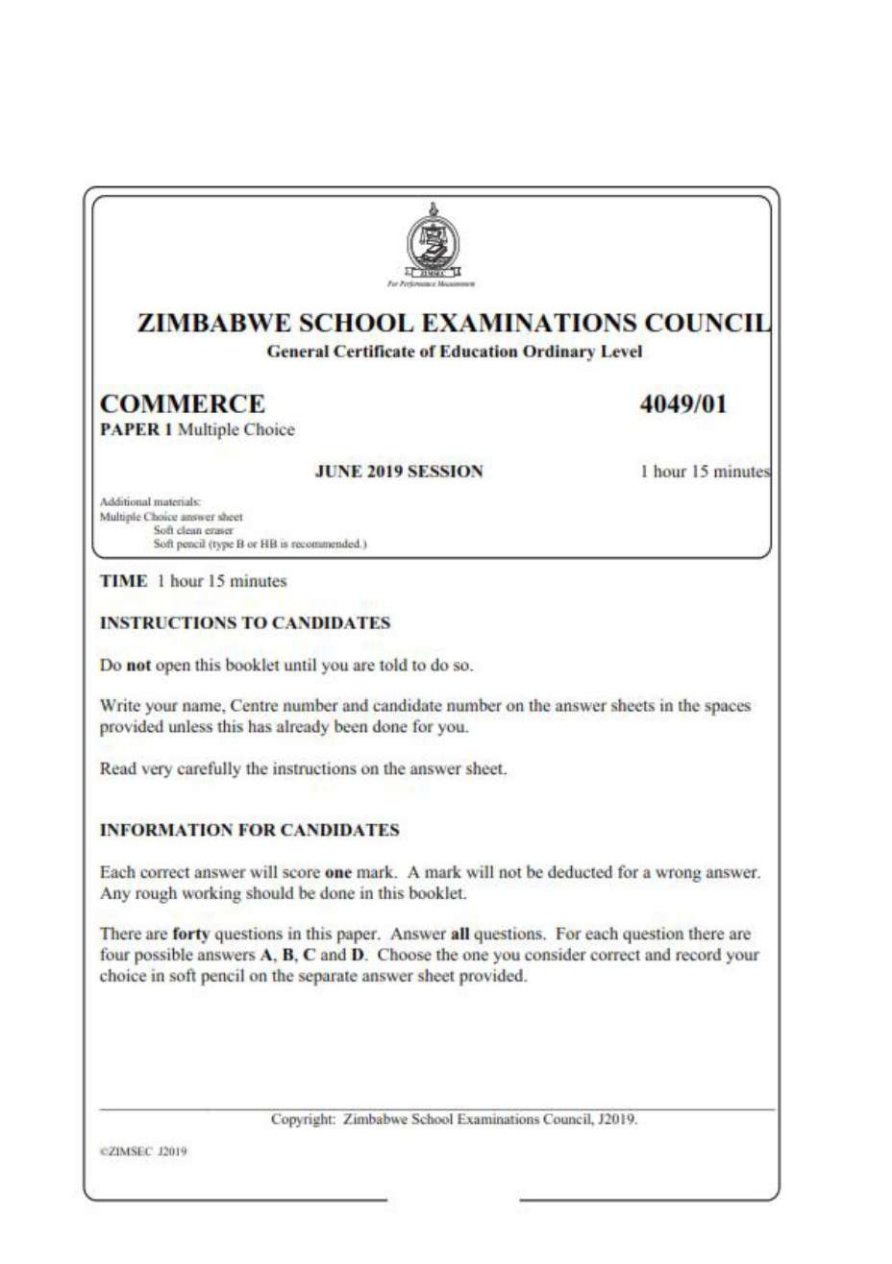 First page of ZIMSEC O-Level Commerce Paper 1 June 2019 Question Paper
