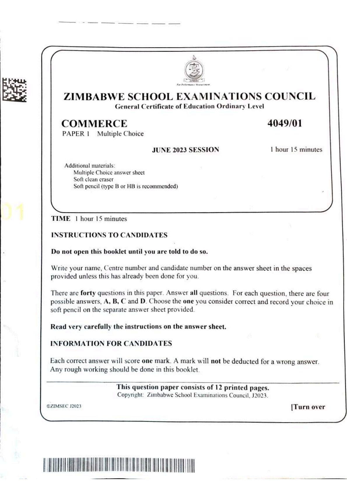 First page of ZIMSEC O-Level Commerce Paper 1 June 2023 Question Paper
