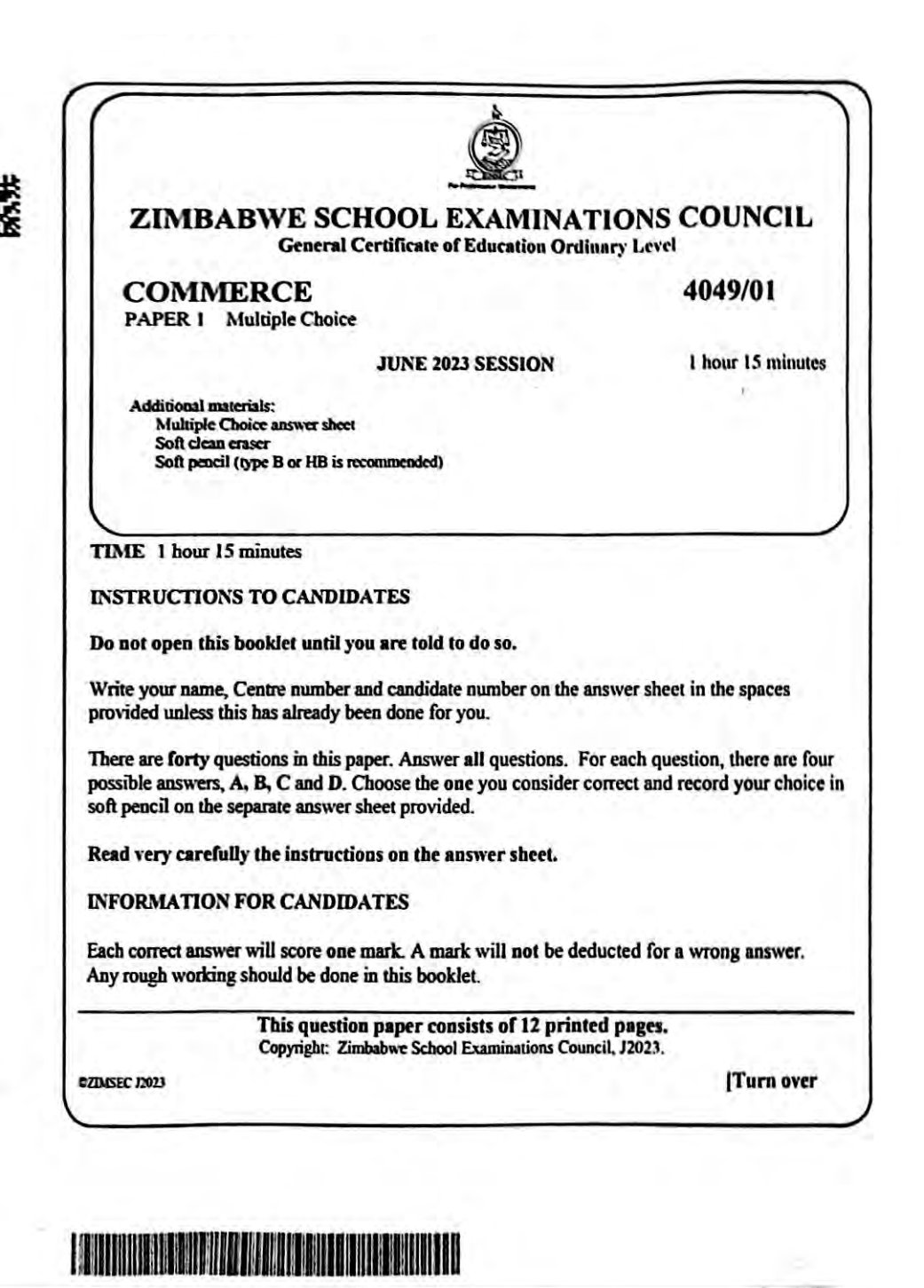 First page of ZIMSEC O-Level Commerce Paper 1 June 2023 Question Paper