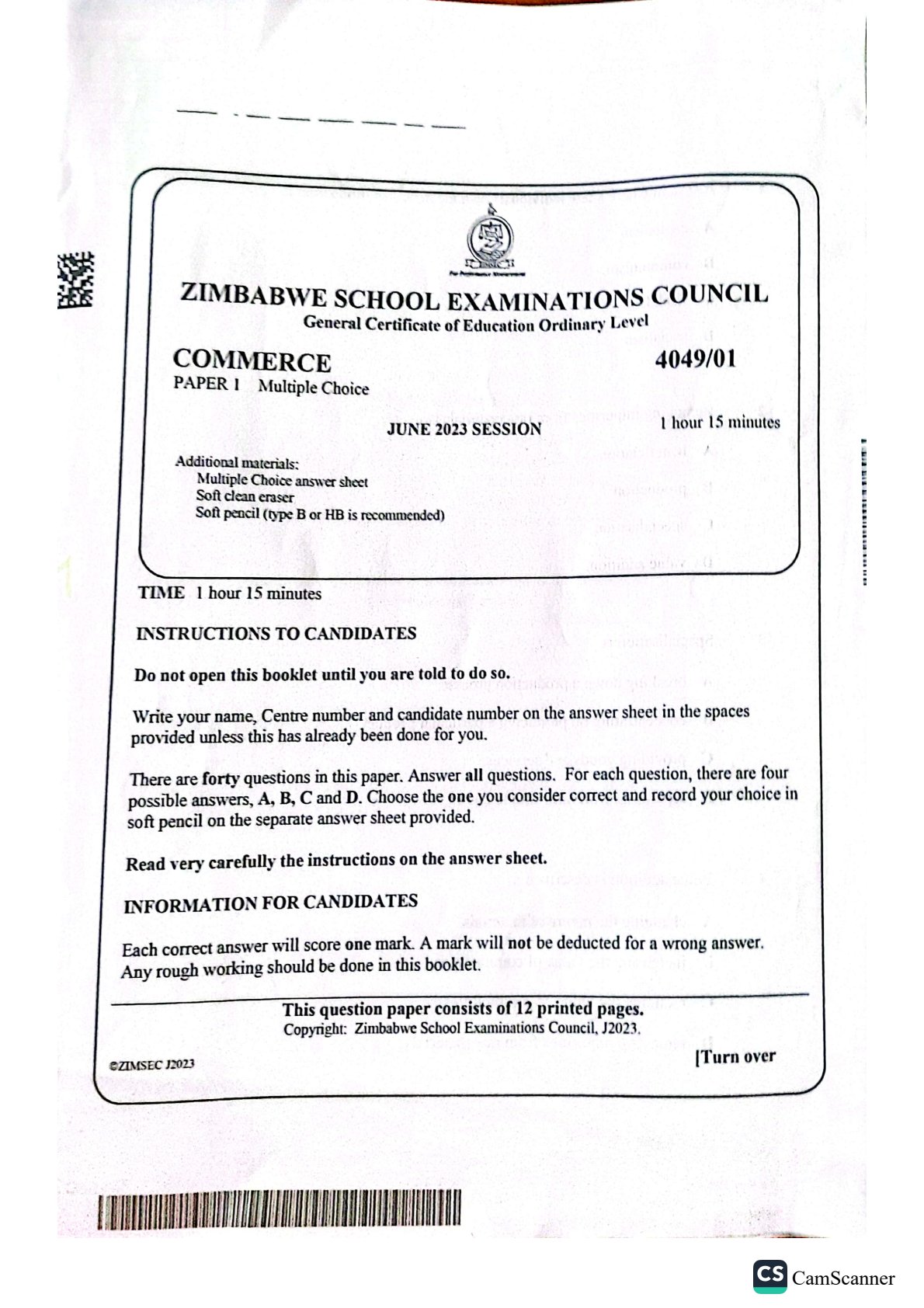 First page of ZIMSEC O-Level Commerce Paper 1 June 2023 Question Paper