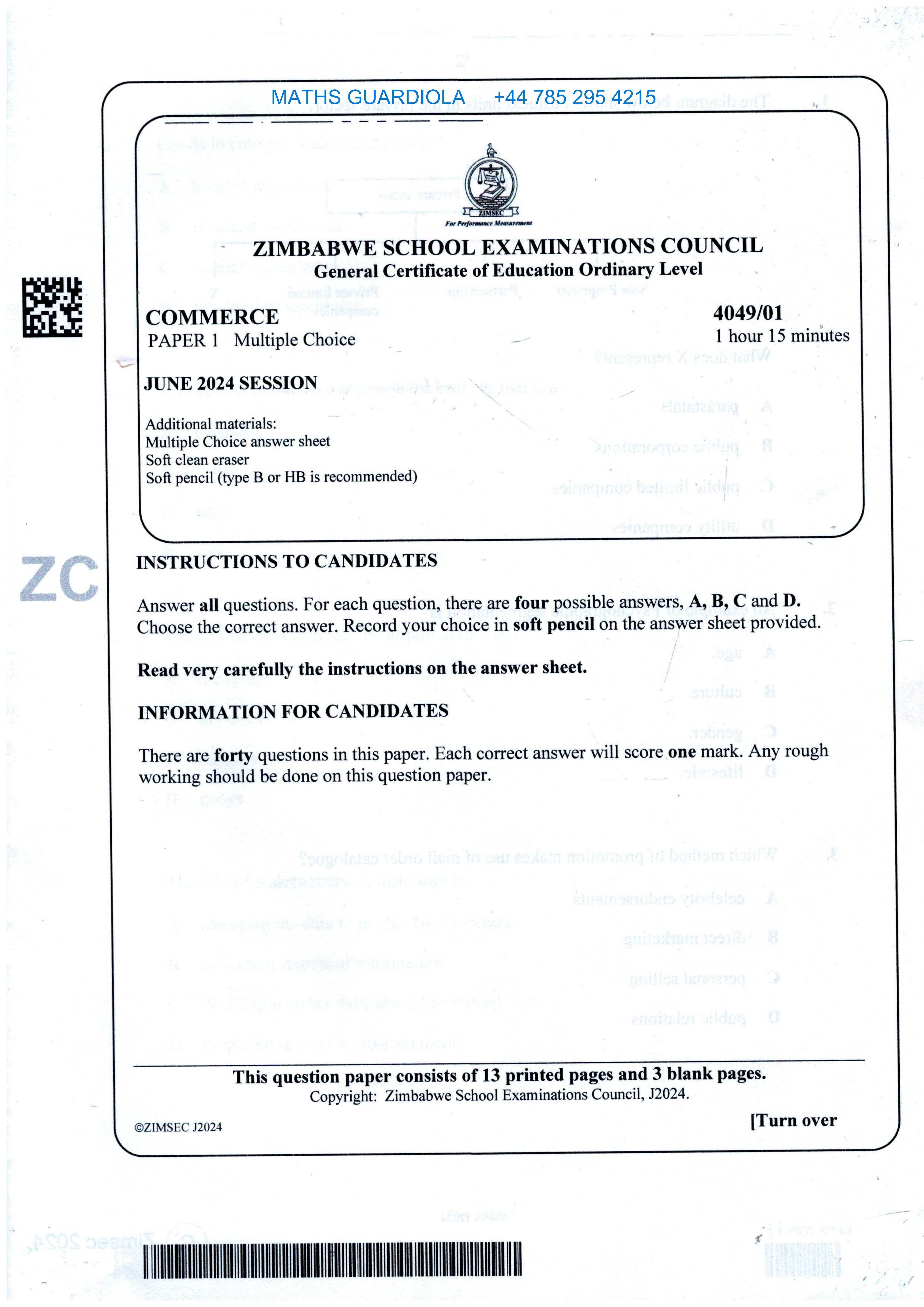First page of ZIMSEC O-Level Commerce Paper 1 June 2024 Question Paper