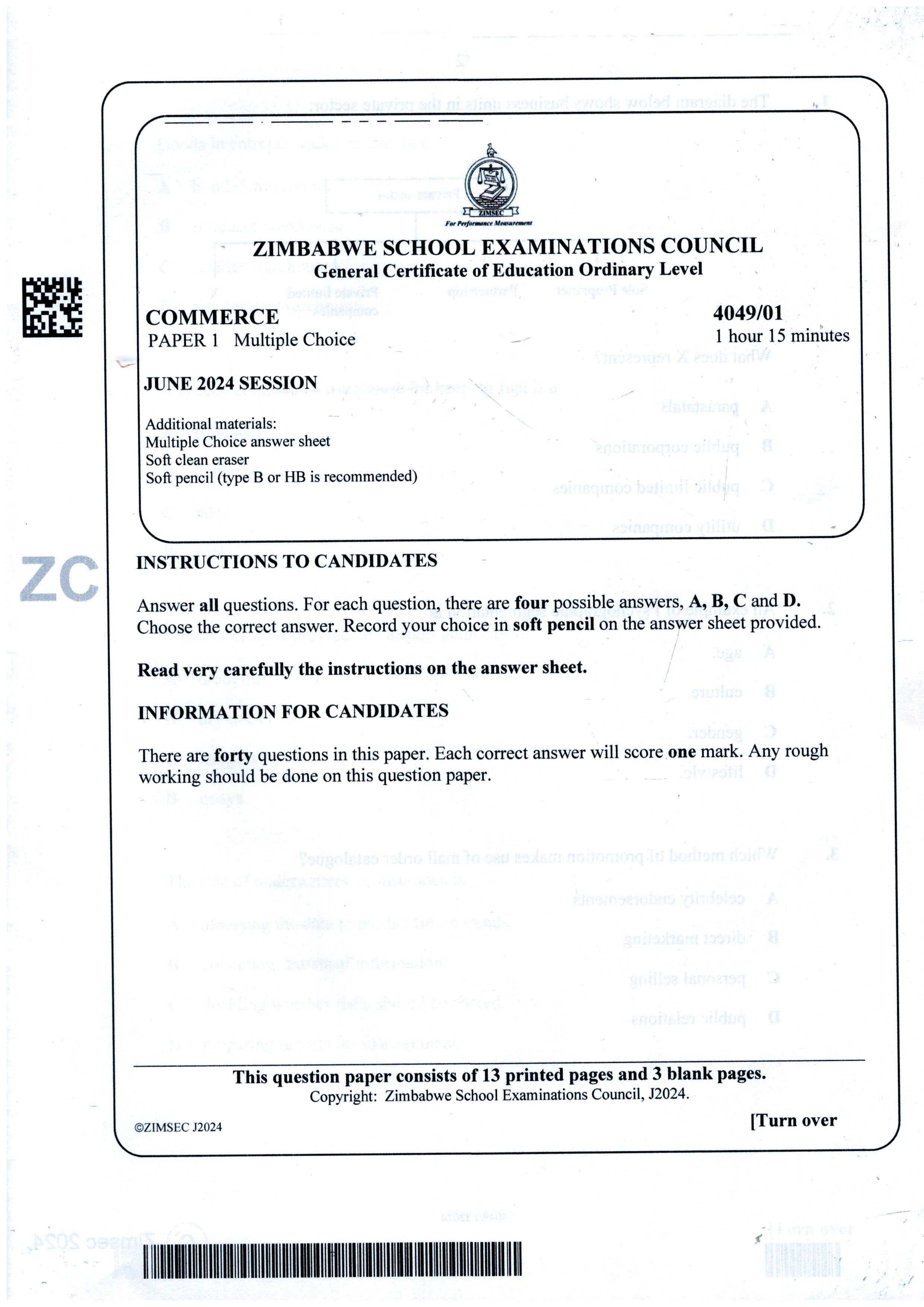 First page of ZIMSEC O-Level Commerce Paper 1 June 2024 Question Paper