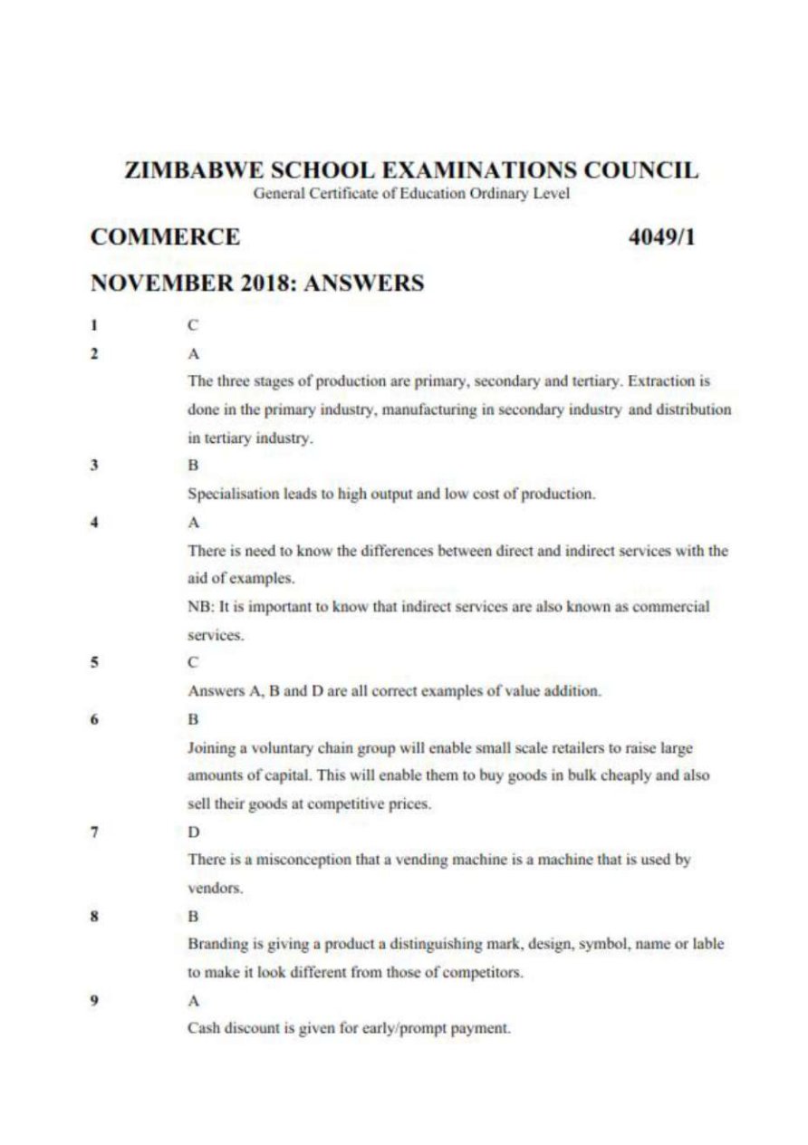 First page of ZIMSEC O-Level Commerce Paper 1 November 2018 Marking Scheme