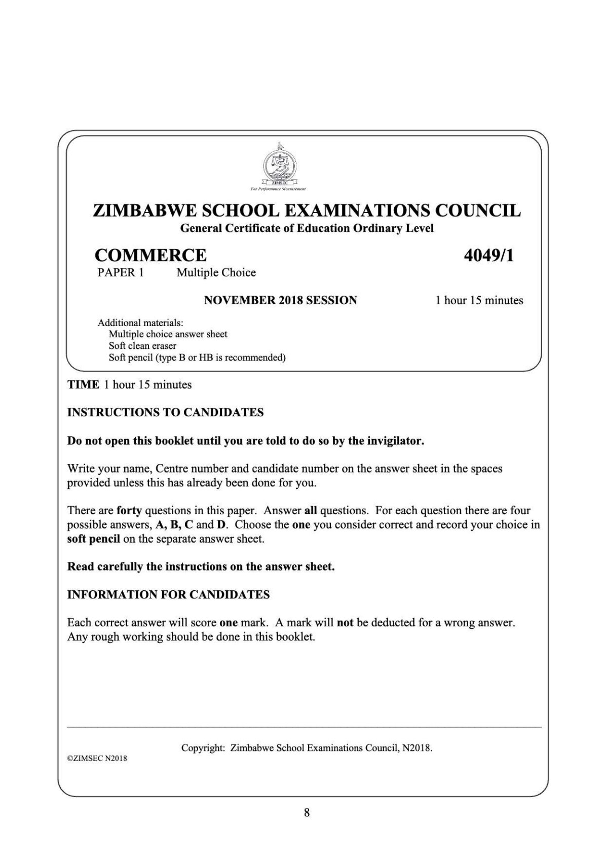 First page of ZIMSEC O-Level Commerce Paper 1 November 2018 Question Paper