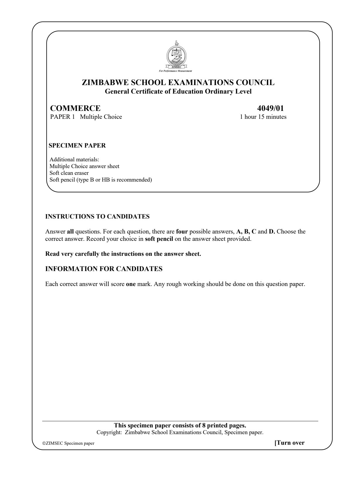 First page of ZIMSEC O-Level Commerce Paper 1 Question Paper