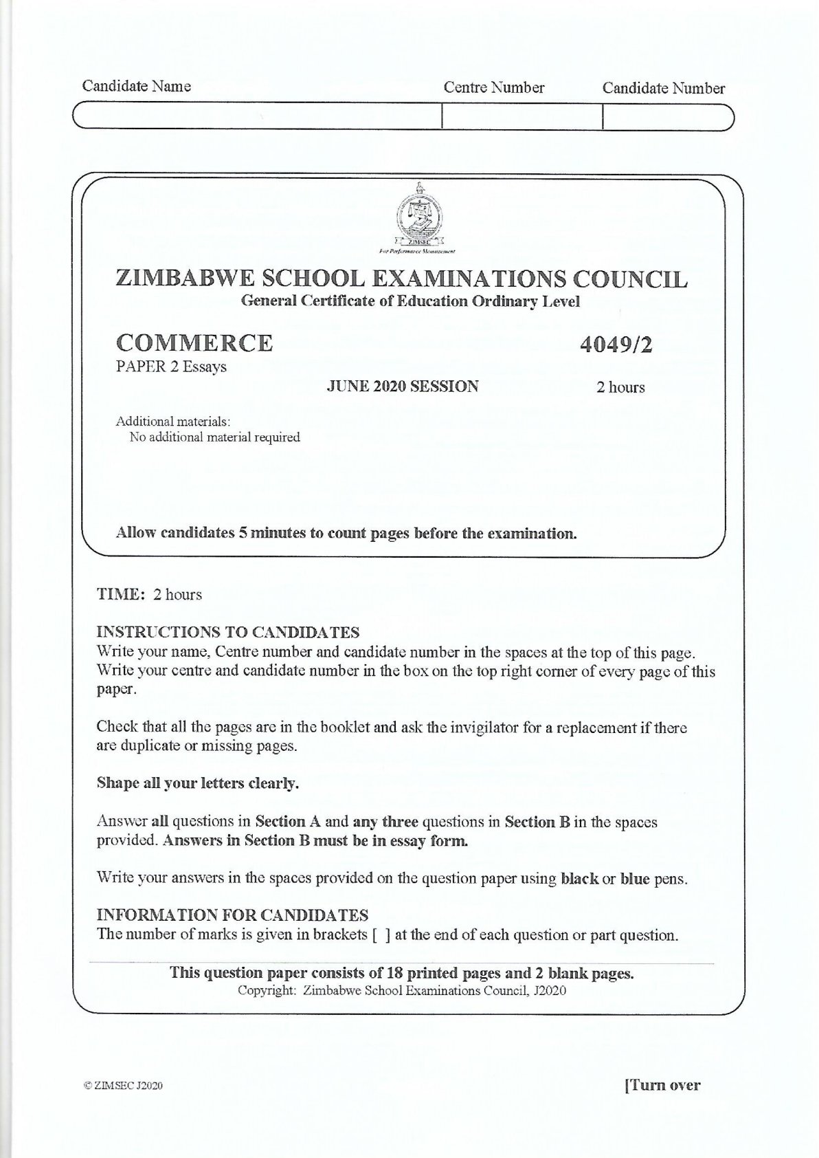 First page of ZIMSEC O-Level Commerce Paper 2 June 2020 Question Paper