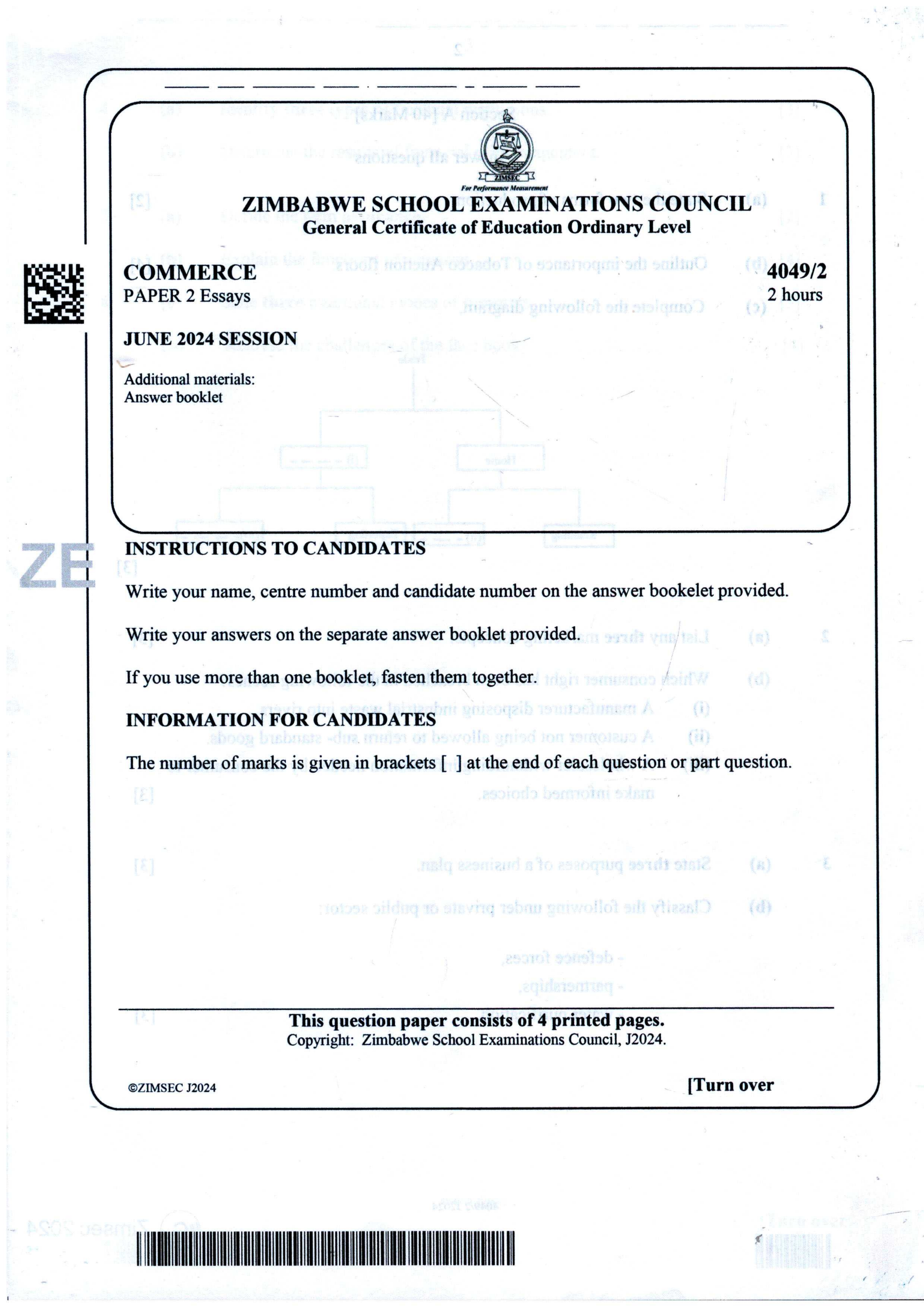 First page of ZIMSEC O-Level Commerce Paper 2 June 2024 Question Paper