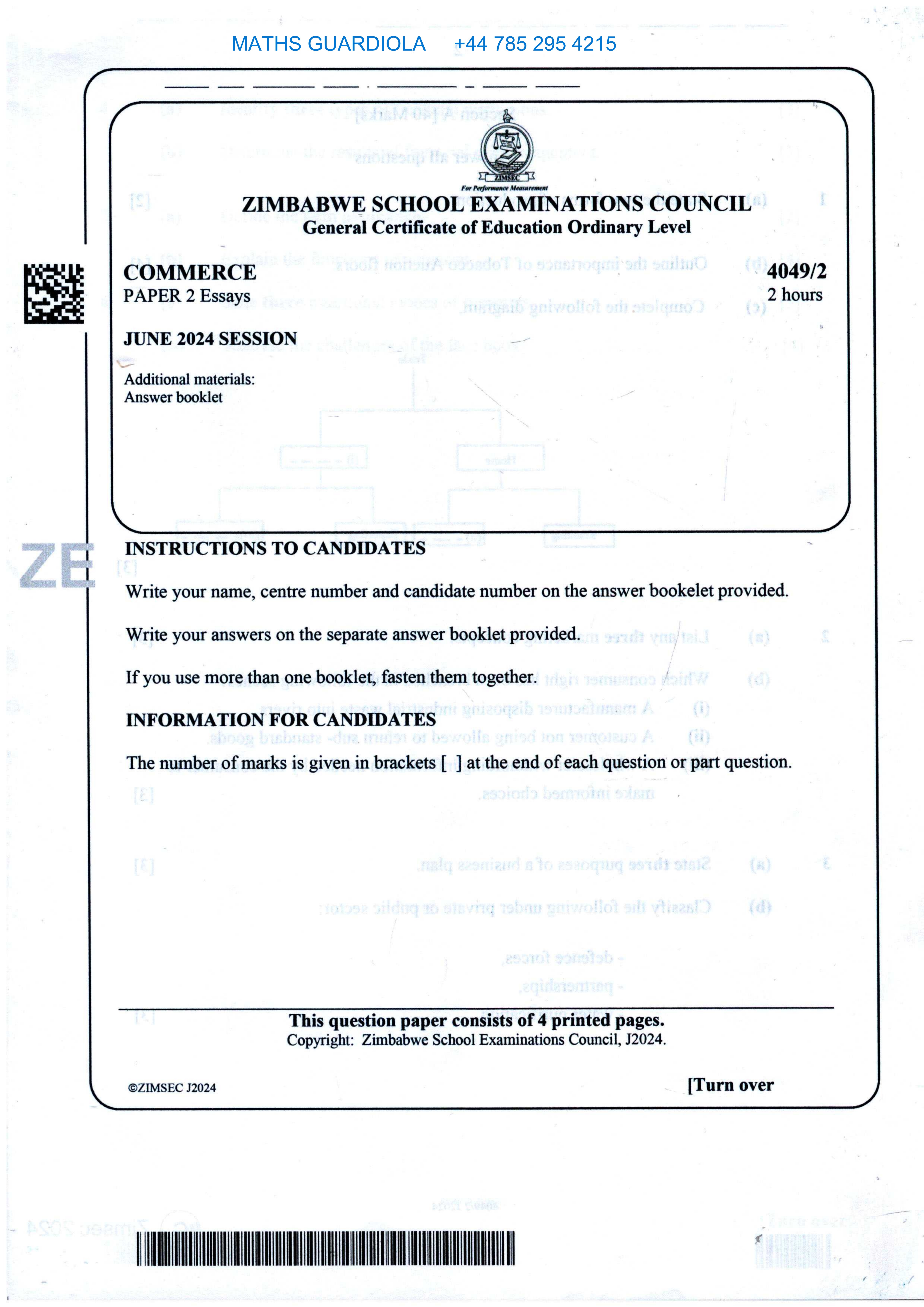 First page of ZIMSEC O-Level Commerce Paper 2 June 2024 Question Paper