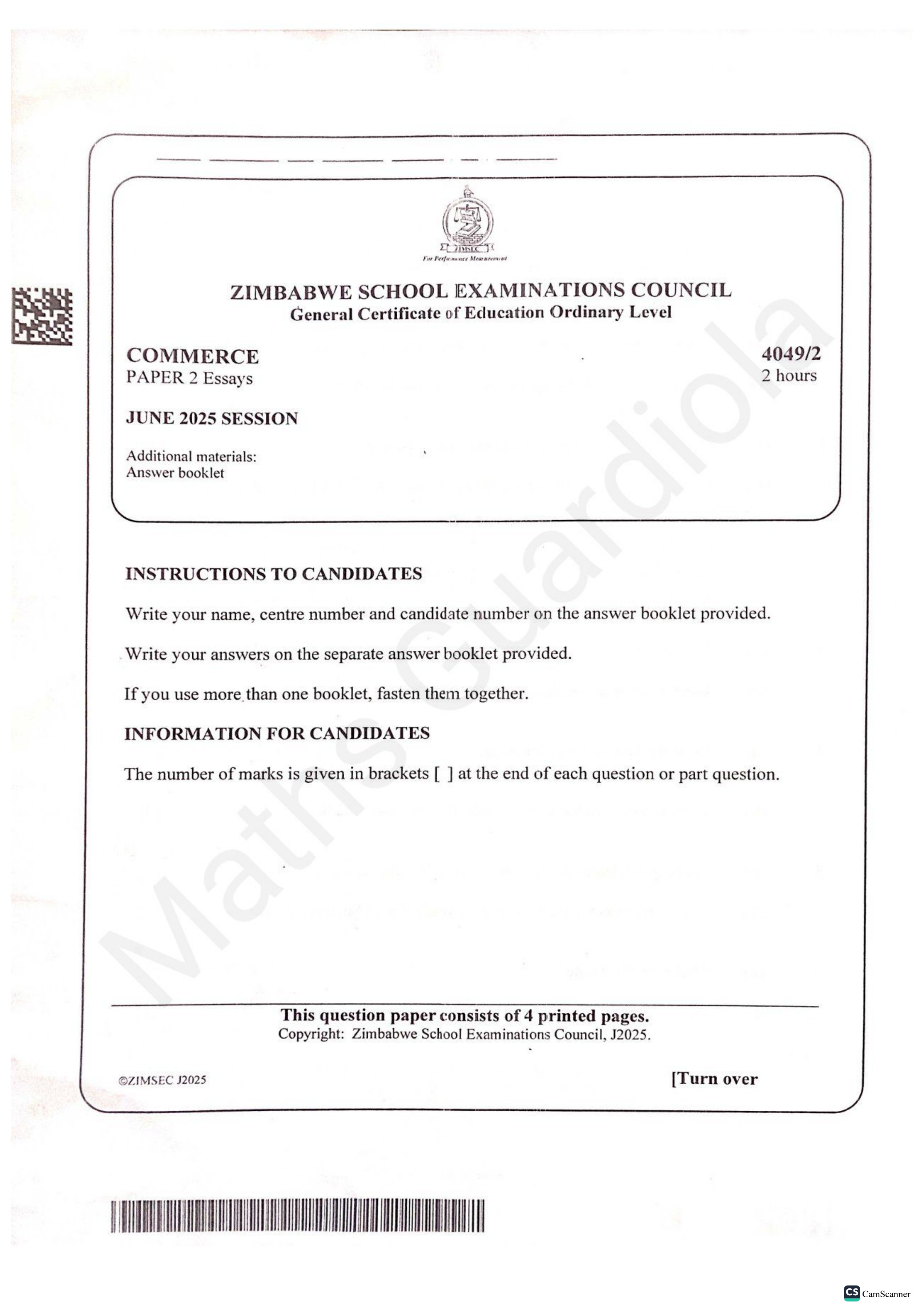 First page of ZIMSEC O-Level Commerce Paper 2 June 2025 Question Paper