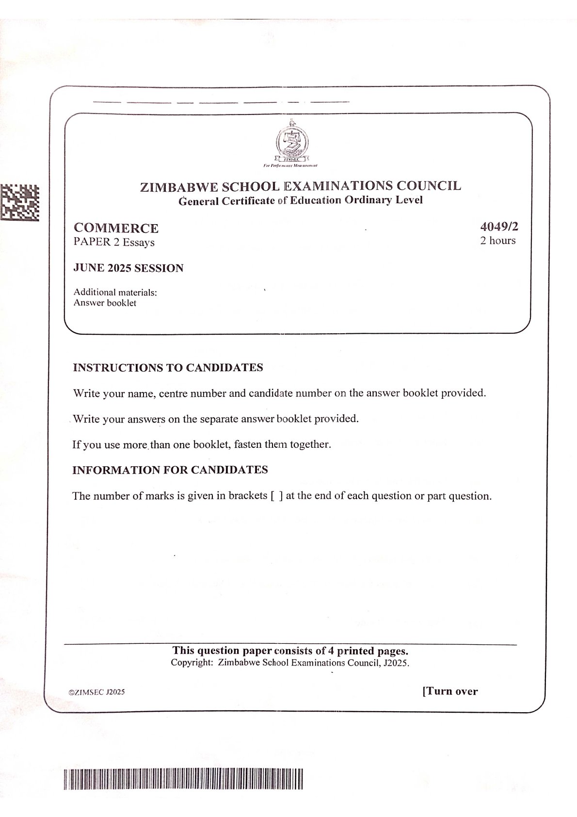 First page of ZIMSEC O-Level Commerce Paper 2 June 2025 Question Paper