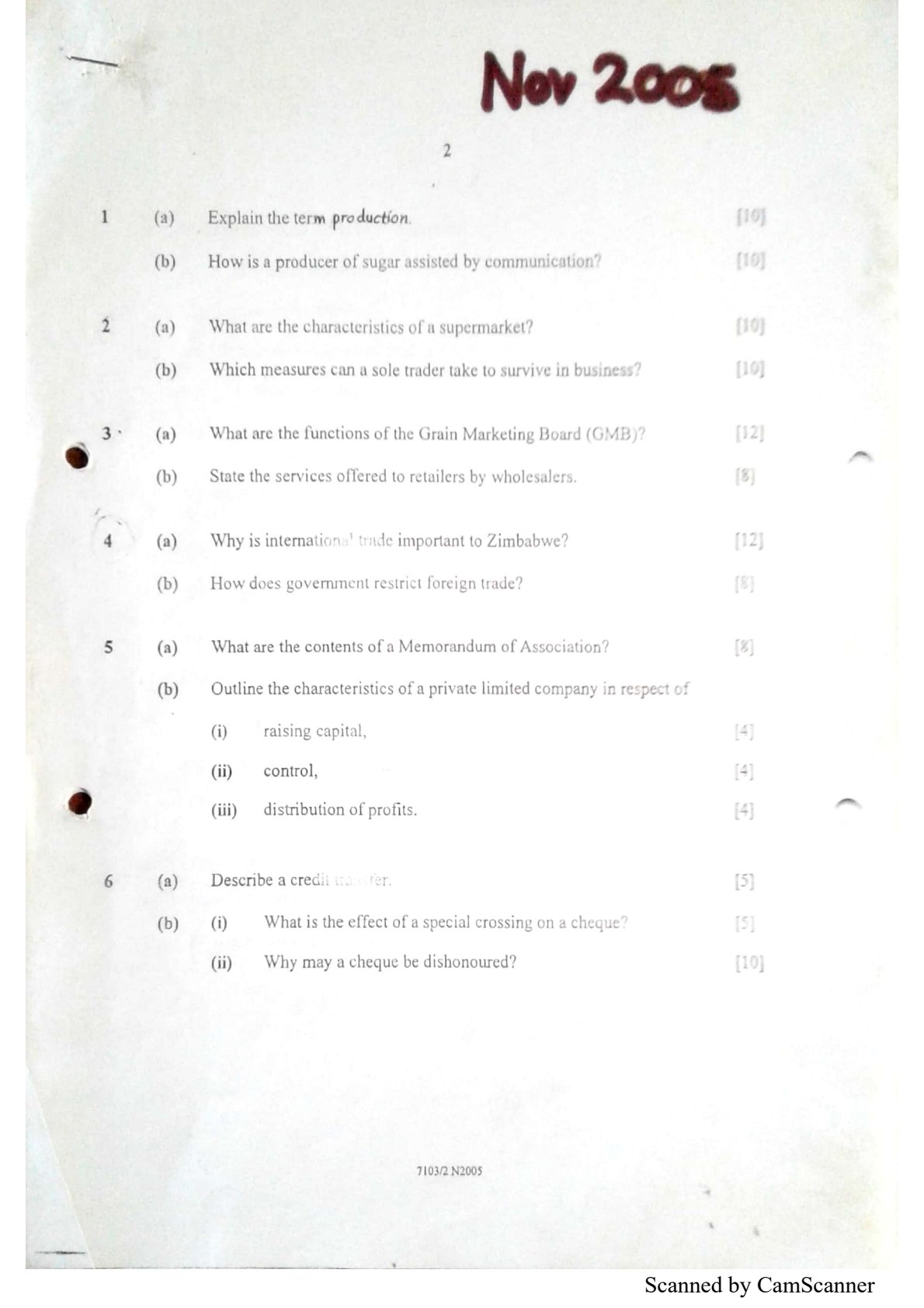 First page of ZIMSEC O-Level Commerce Paper 2 November 2005 Question Paper
