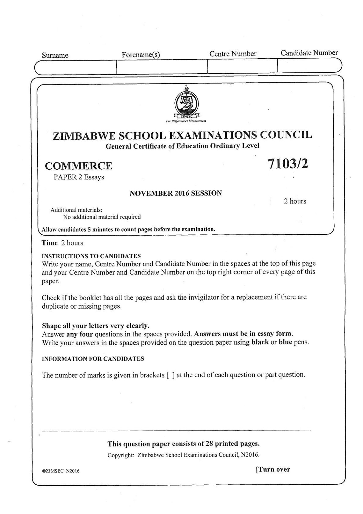 First page of ZIMSEC O-Level Commerce Paper 2 November 2016 Question Paper