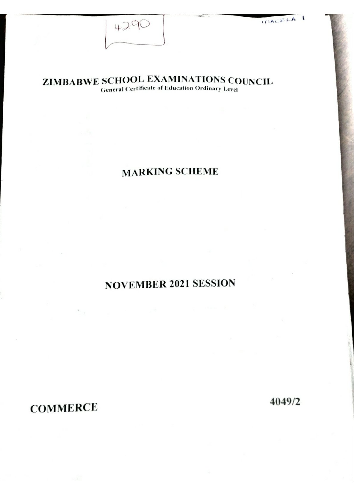 First page of ZIMSEC O-Level Commerce Paper 2 November 2021 Marking Scheme