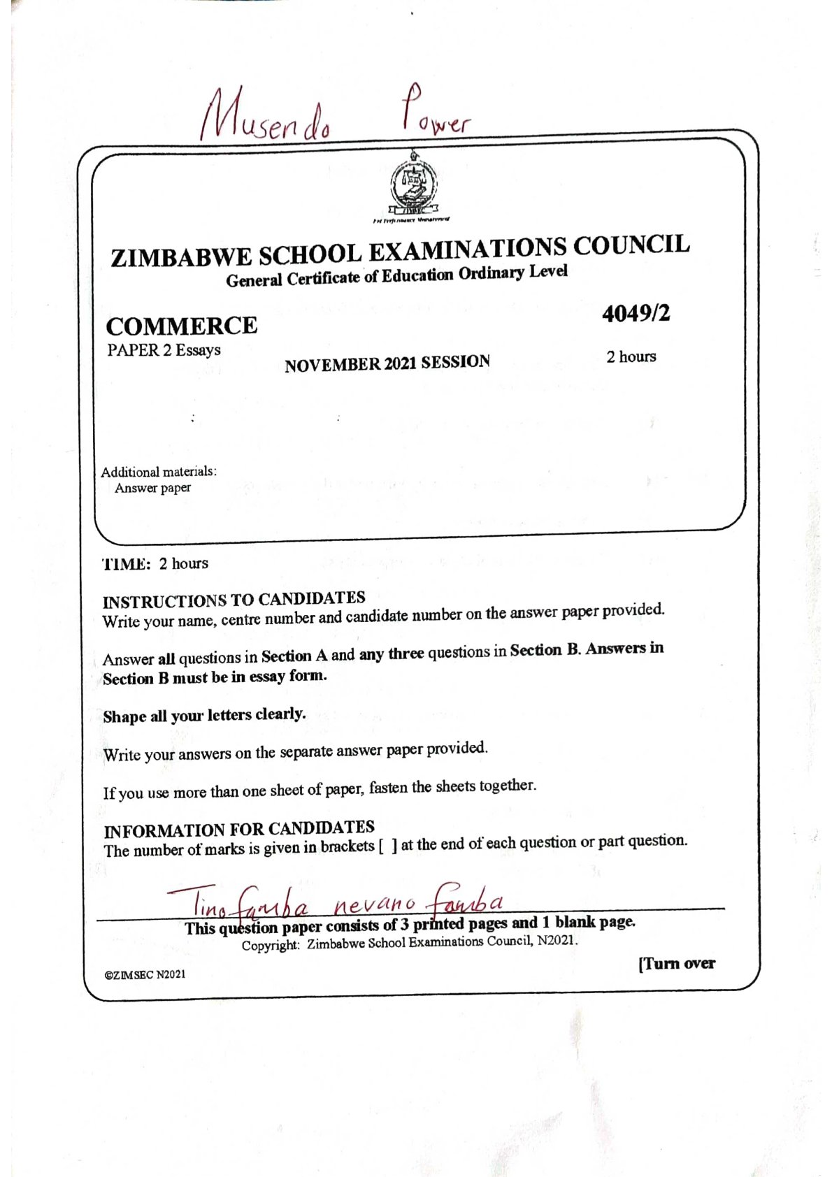 First page of ZIMSEC O-Level Commerce Paper 2 November 2021 Question Paper