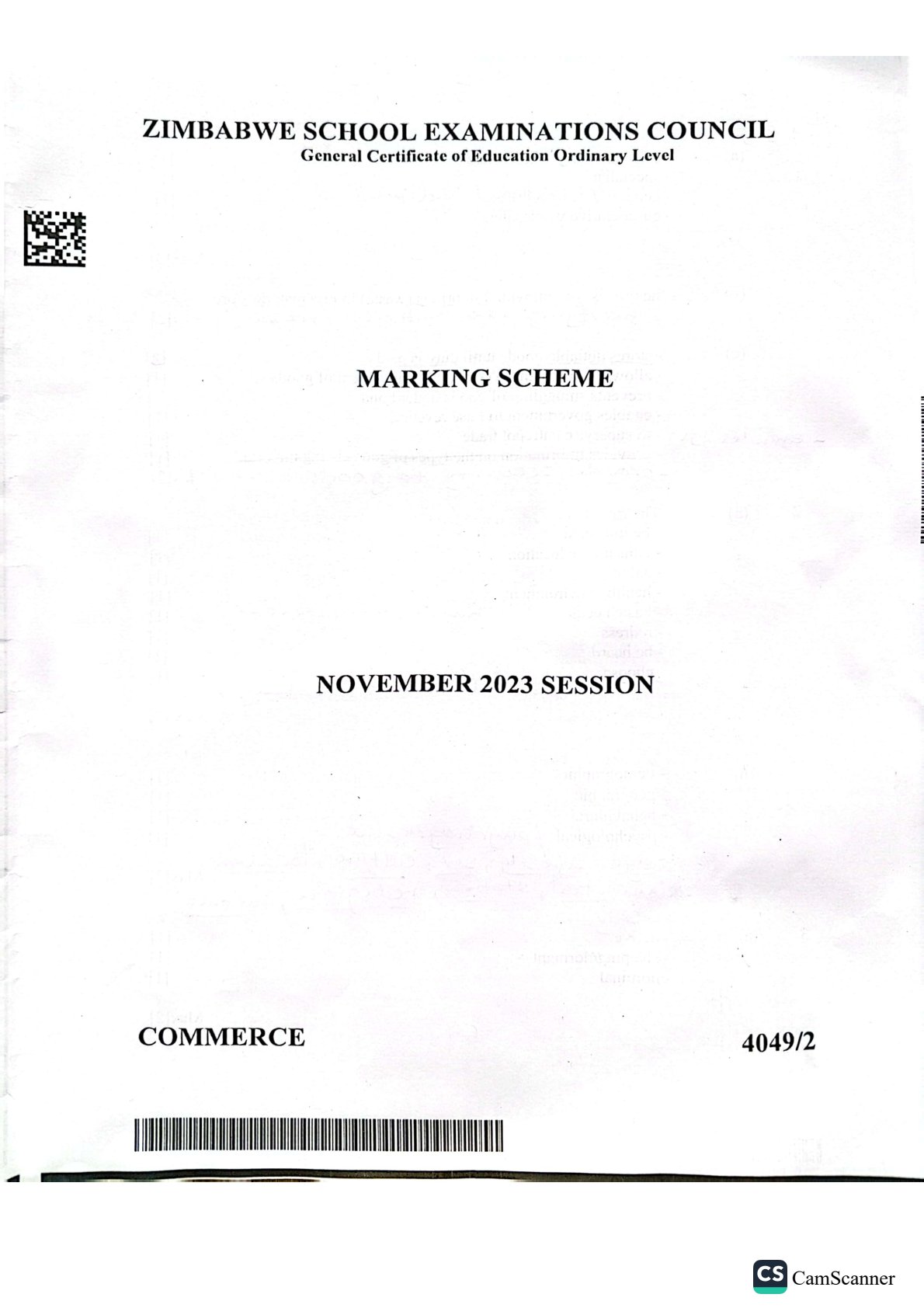 First page of ZIMSEC O-Level Commerce Paper 2 November 2023 Marking Scheme