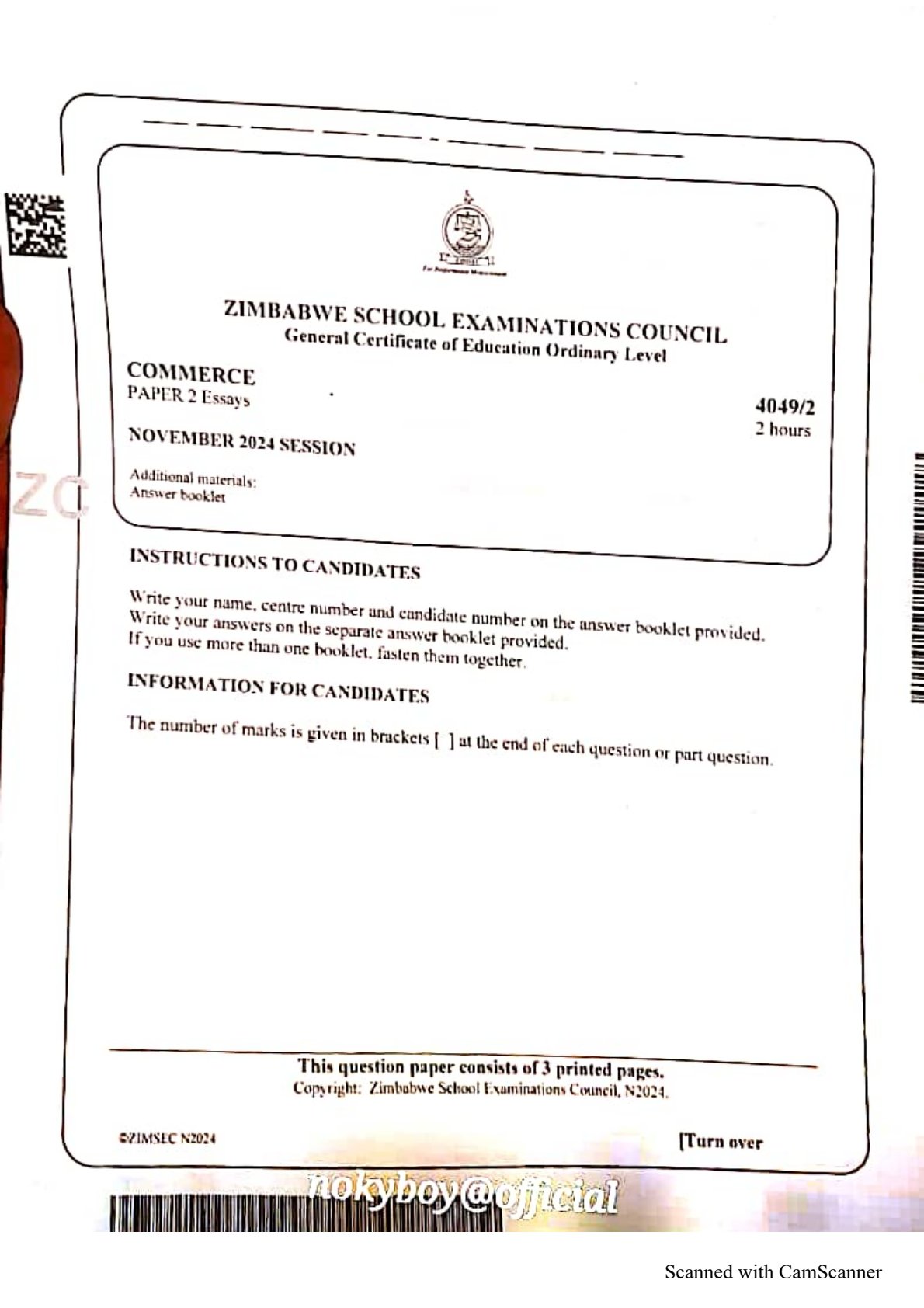 First page of ZIMSEC O-Level Commerce Paper 2 November 2024 Question Paper