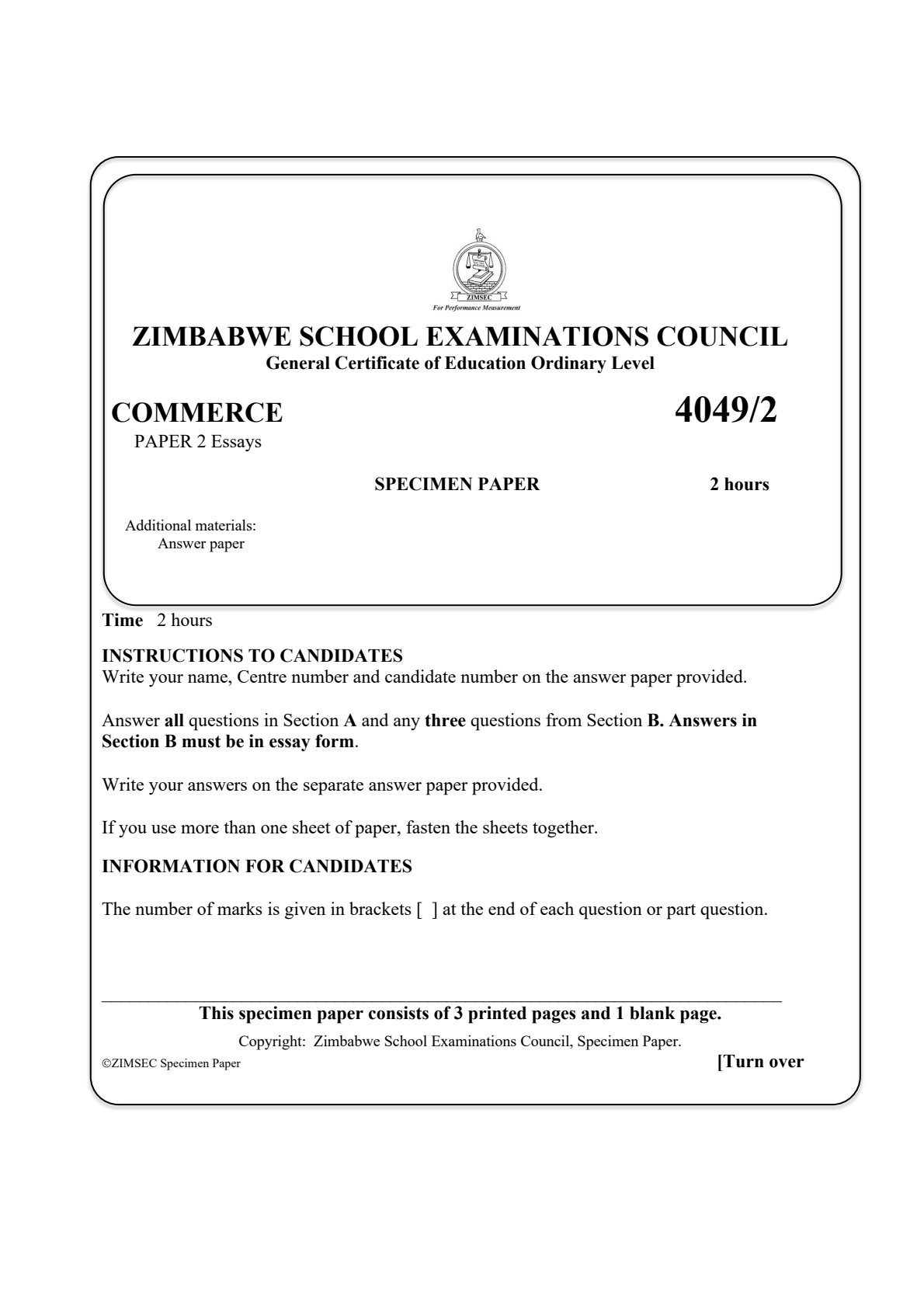 First page of ZIMSEC O-Level Commerce Paper 2 Question Paper