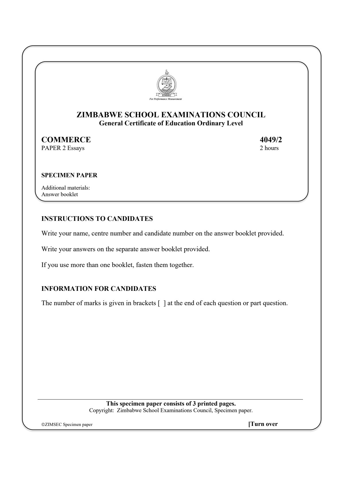 First page of ZIMSEC O-Level Commerce Paper 2 Specimen Question Paper