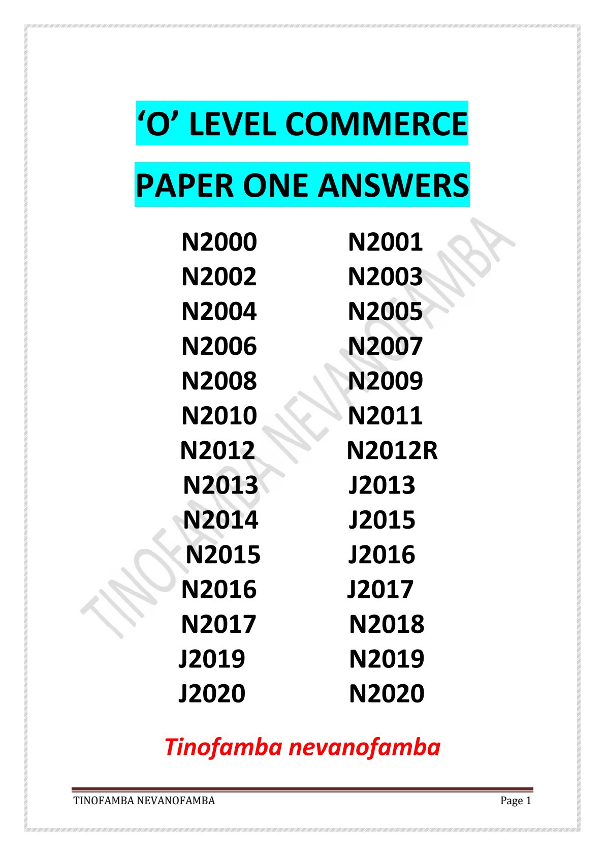 First page of ZIMSEC O-Level Commerce Tinofamba nevanofamba 2000-2020 Study Guide