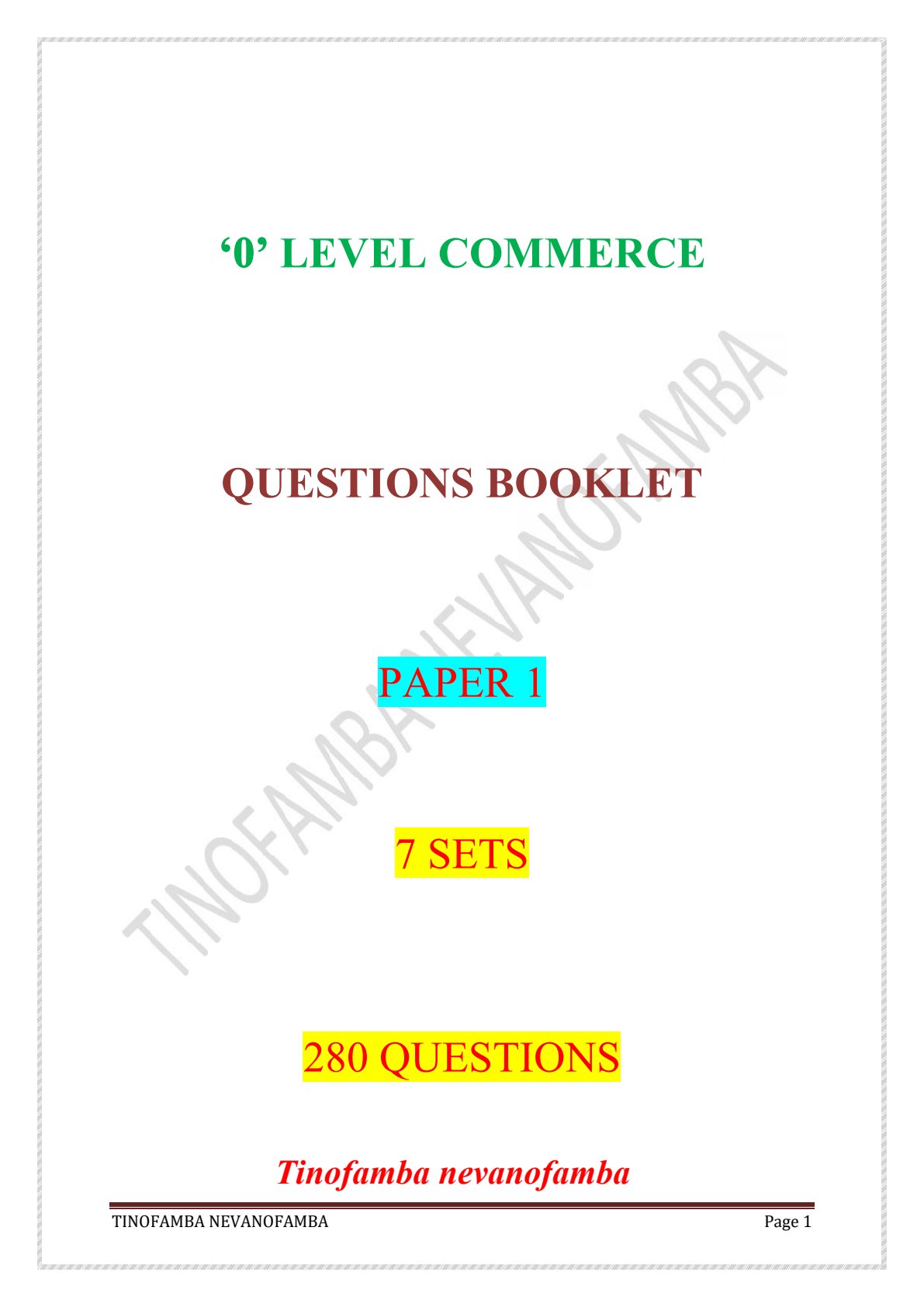 First page of ZIMSEC O-Level Commerce Tinofamba nevanofamba Study Guide