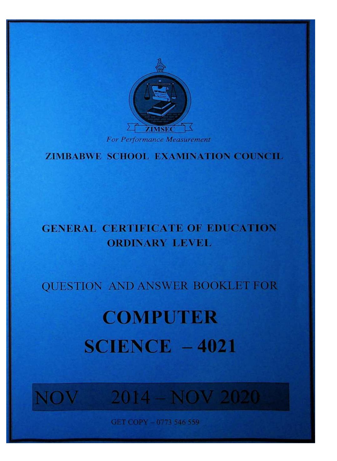 First page of ZIMSEC O-Level Computer Science 2014-2020 Study Guide