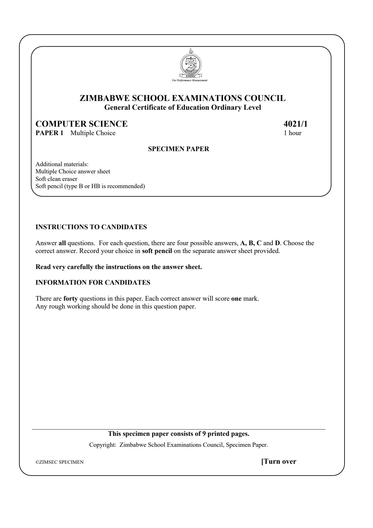 First page of ZIMSEC O-Level Computer Science Paper 1 Question Paper